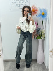 Jeans WIDELEG full cristale ștanțate HELLENA