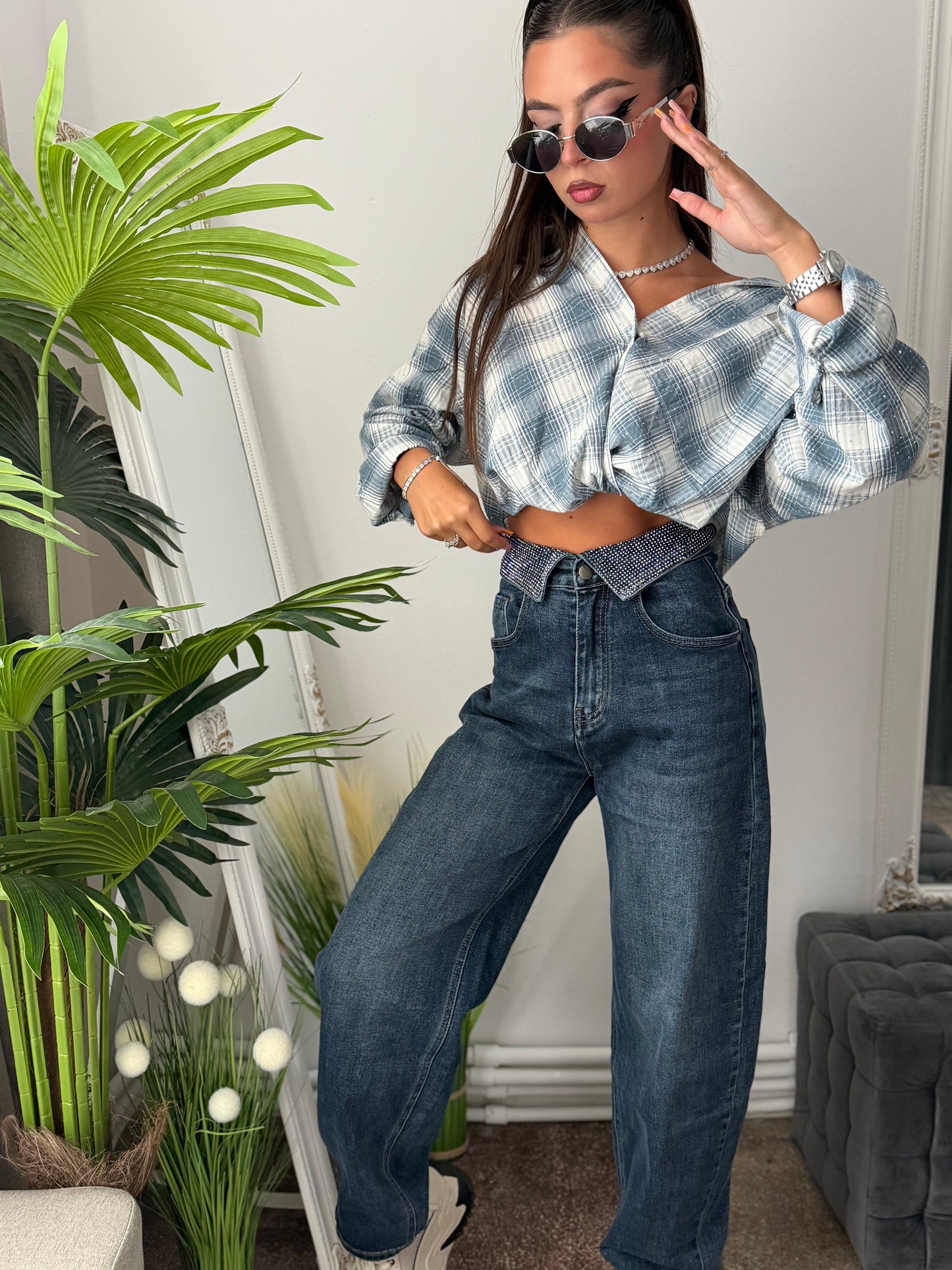 Jeans BalloonFit cu cristale ștanțate FRANCESCA