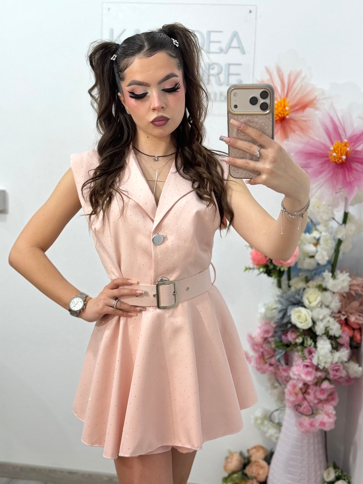 Salopetă elegantă cu cristale roz pudra Elissa