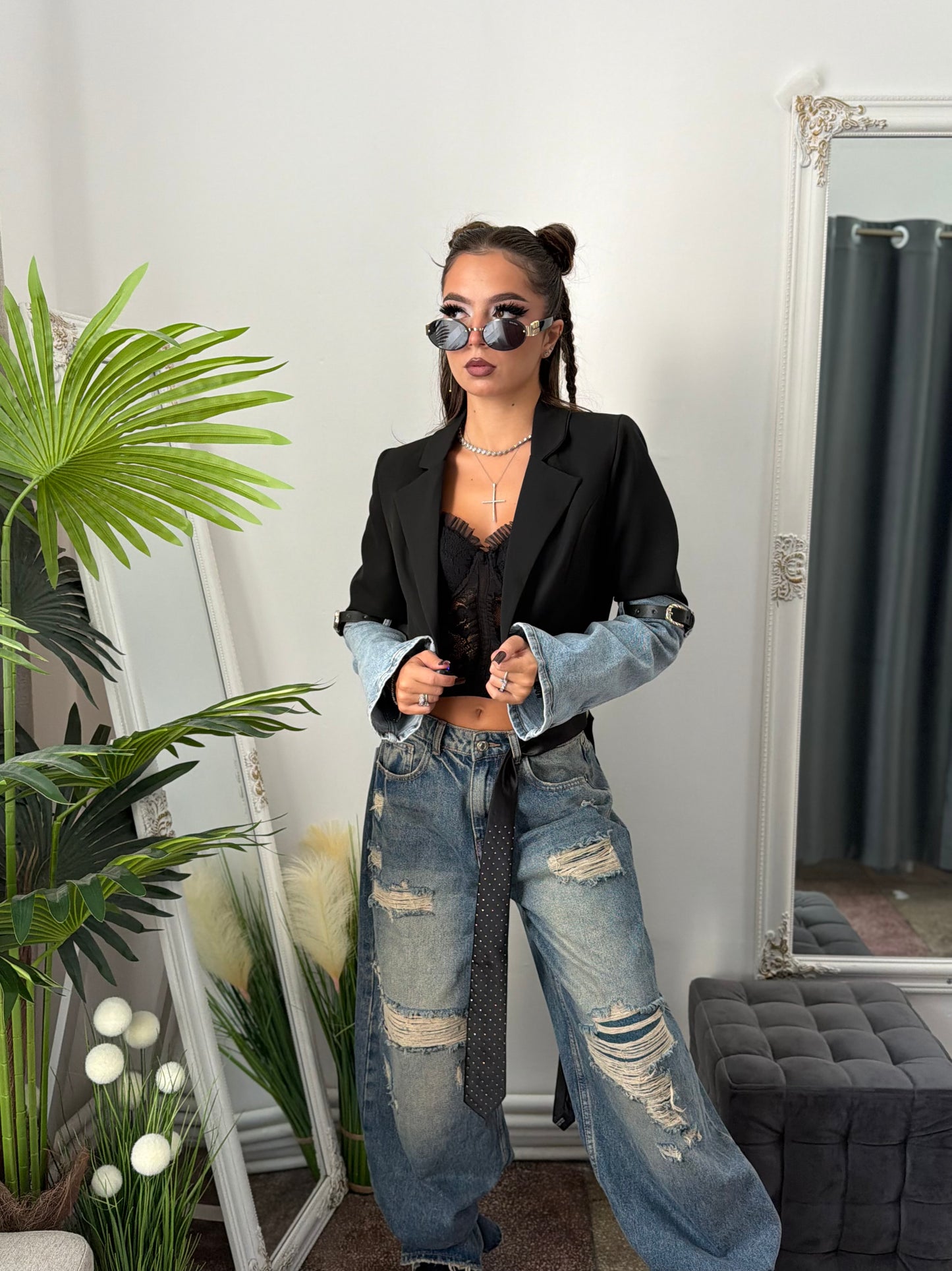 Sacou crop cu mânecă din denim
