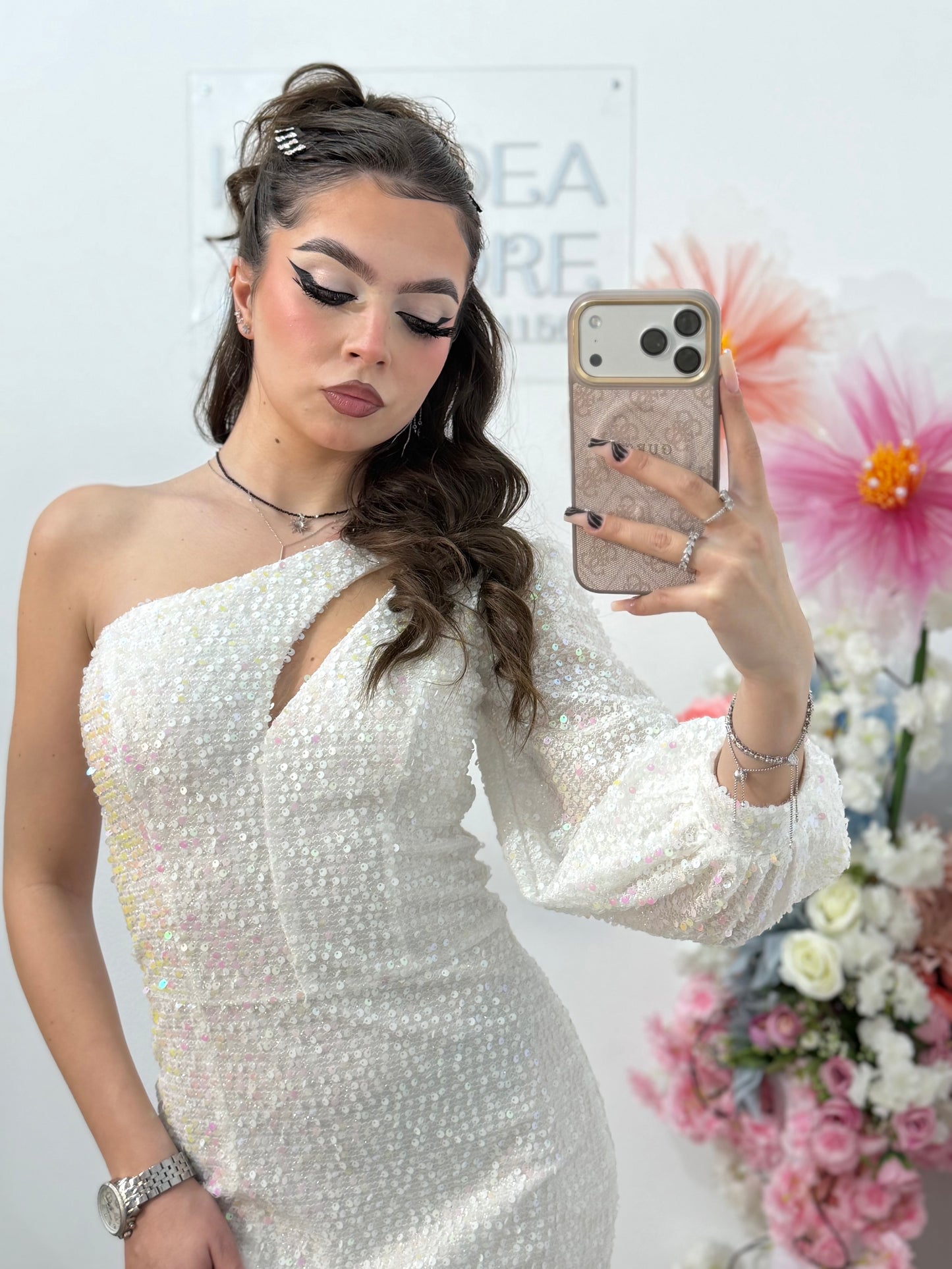 Rochie lunga alba cu paiete strălucitoare Cristinne