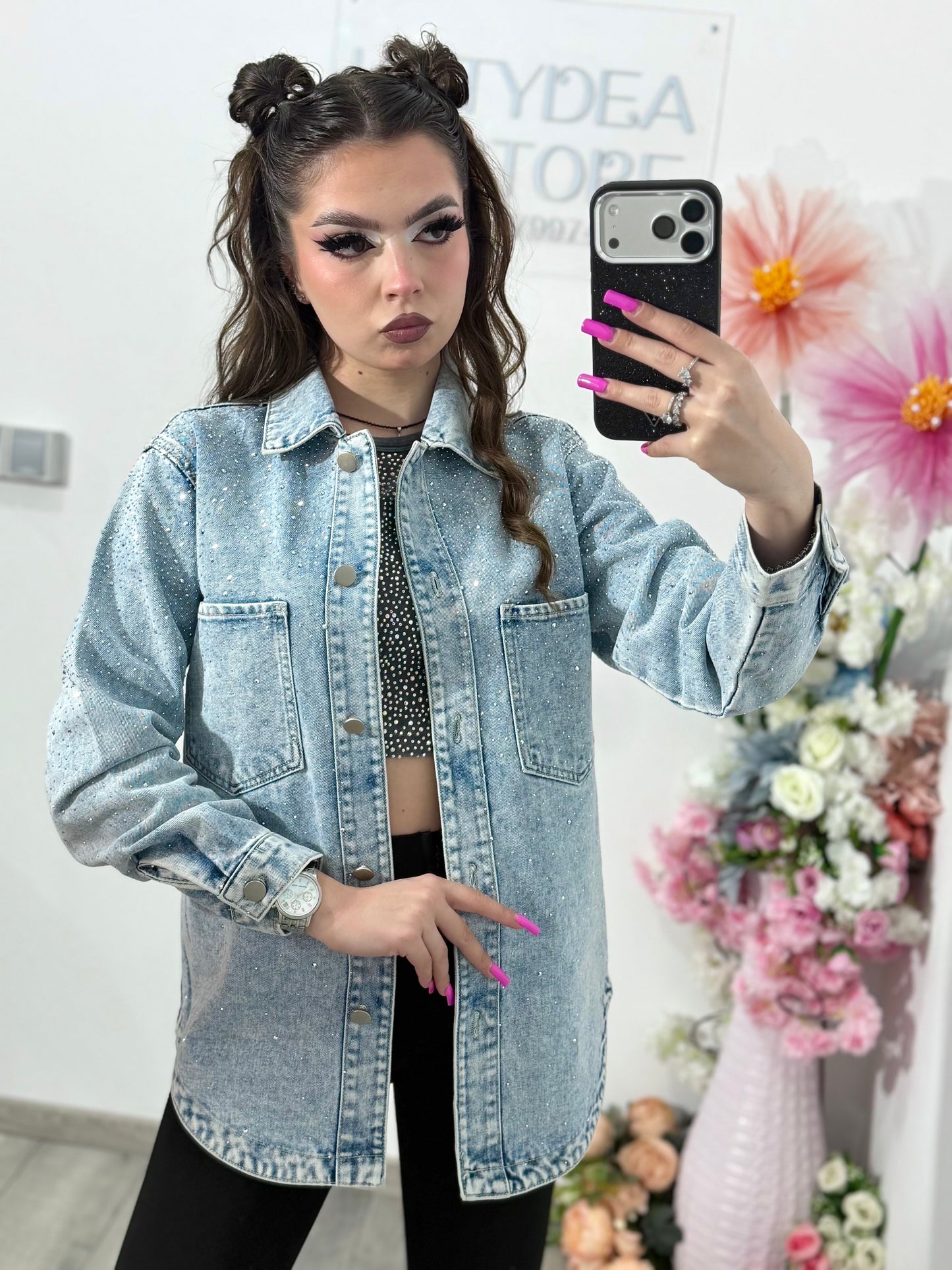 Jacheta din denim blue cu cristale ștanțate MAYA
