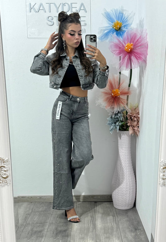 Jeans WideLeg gri cu cristale Olivia