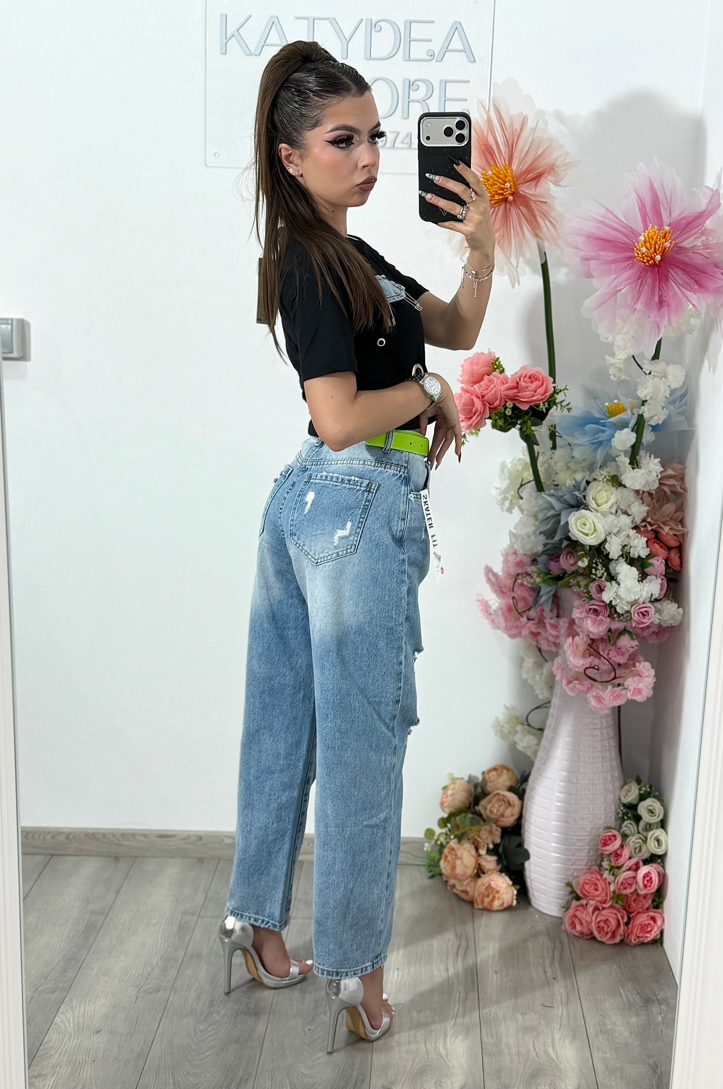 Jeans momfit rupți albaștri ANDA