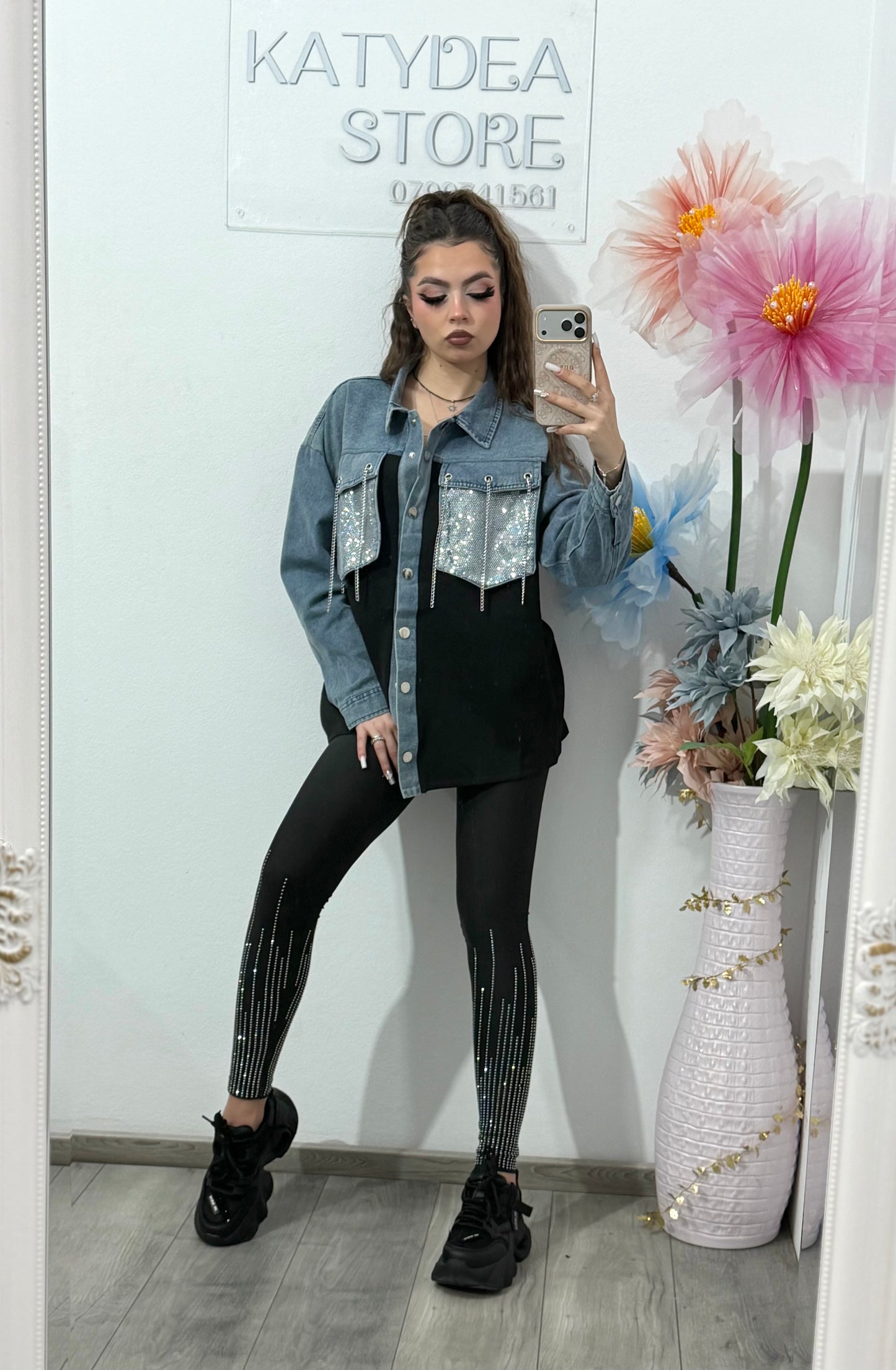 Camasa tip jacheta cu insertii denim si cristale