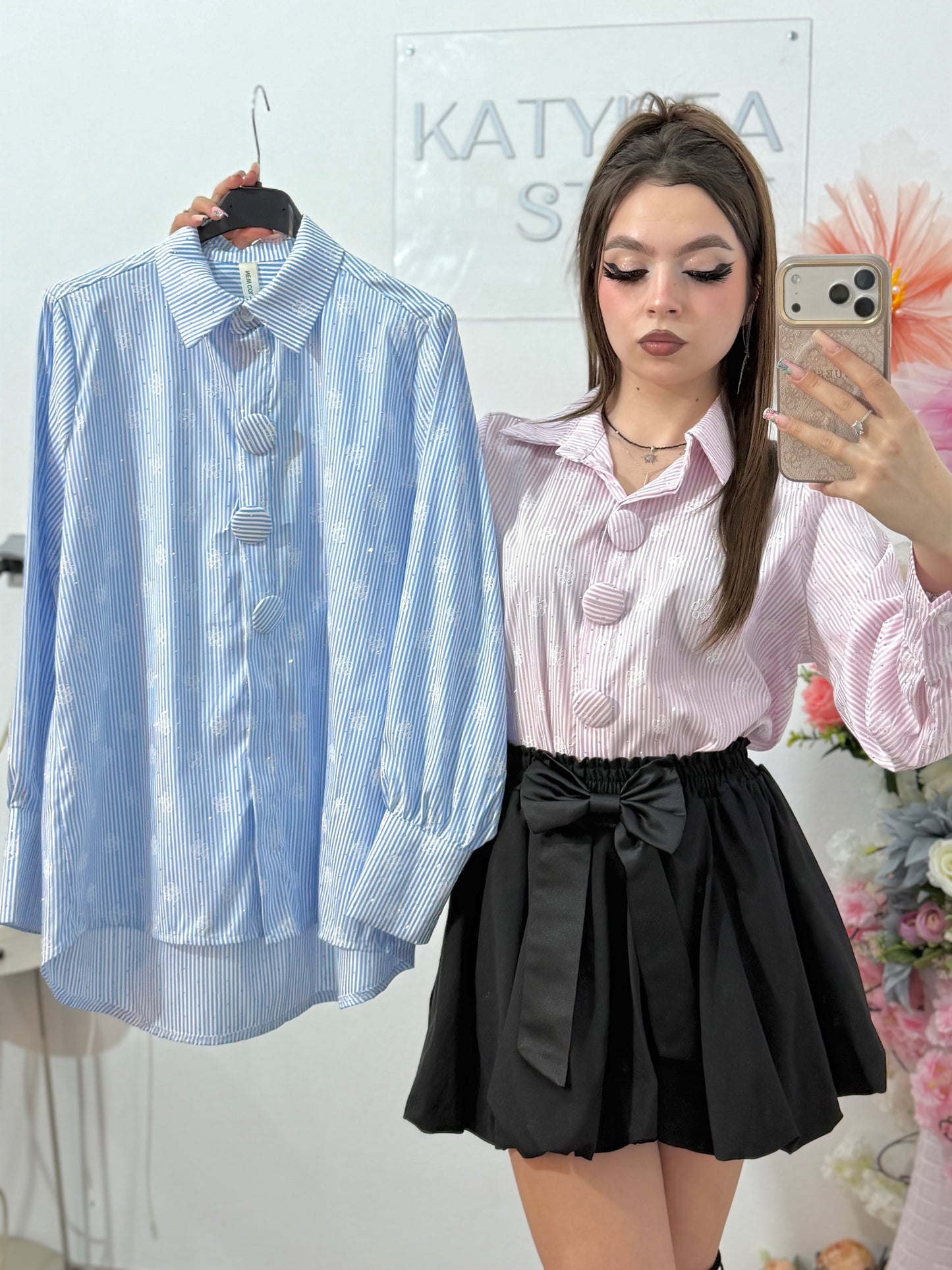 Cămașă elegantă cu dungi si cristale ștanțate ELENA