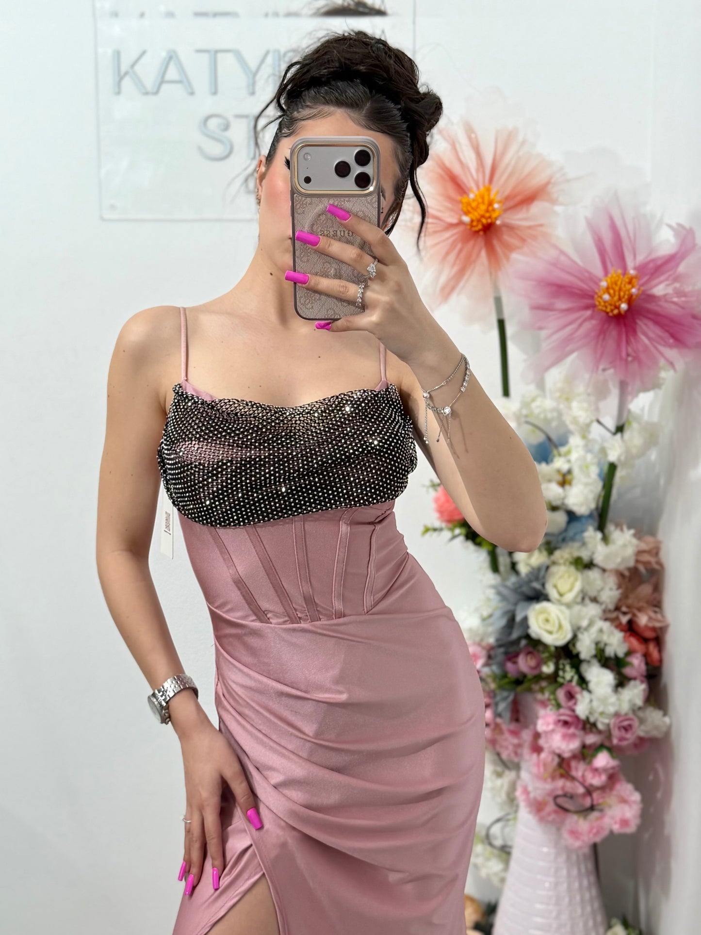 Rochie elegantă cu cristale roz pudră Katherine