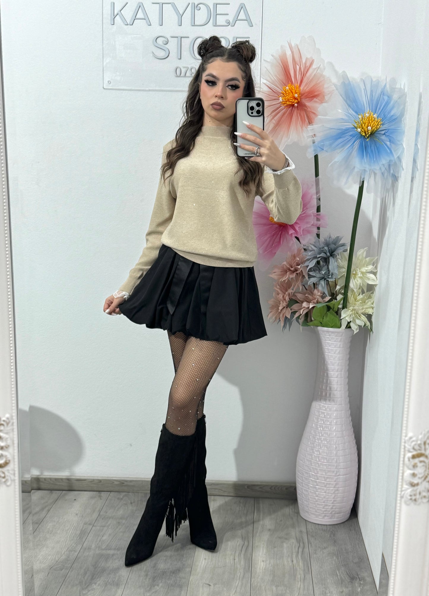 Bluza din tricot cu fir lucios și dantelă DORA