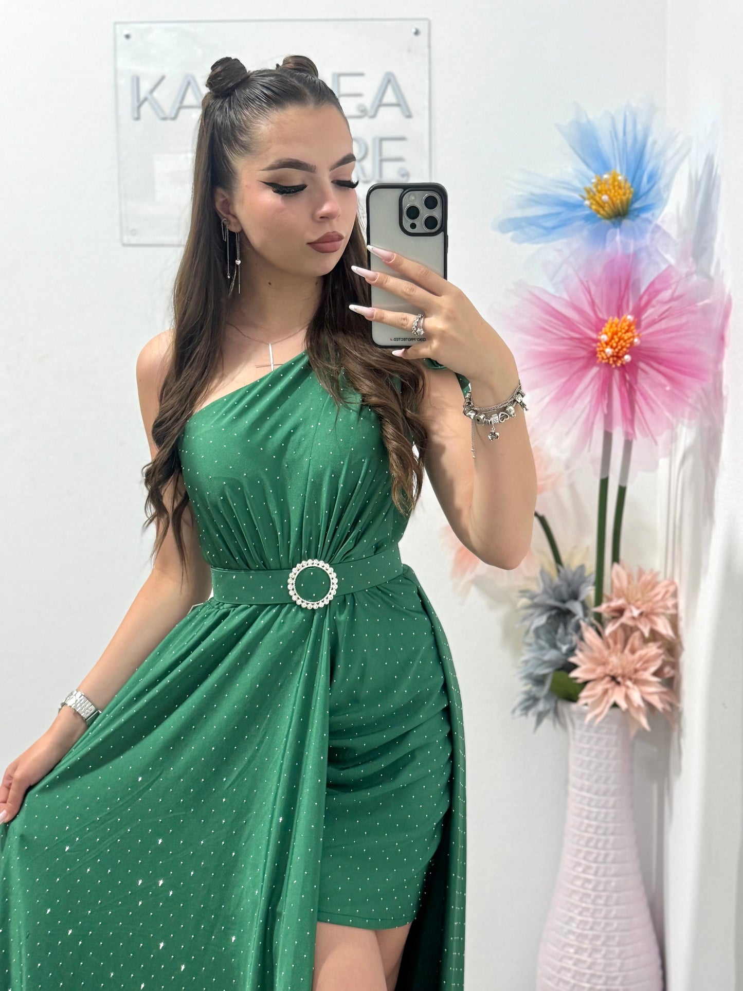 Rochie elegantă cu cristale verde Cleopatra