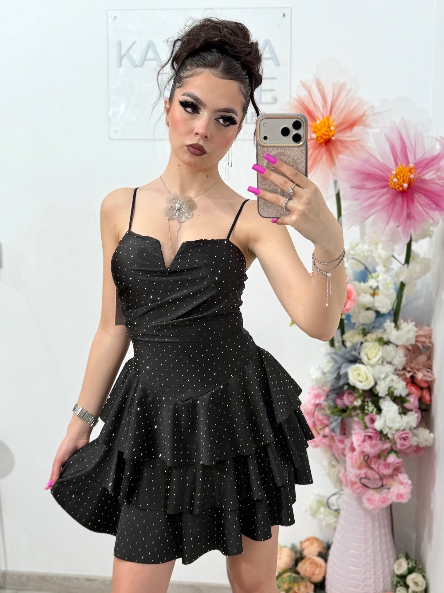Rochie scurta neagra cu cristale ștanțate ZONIA