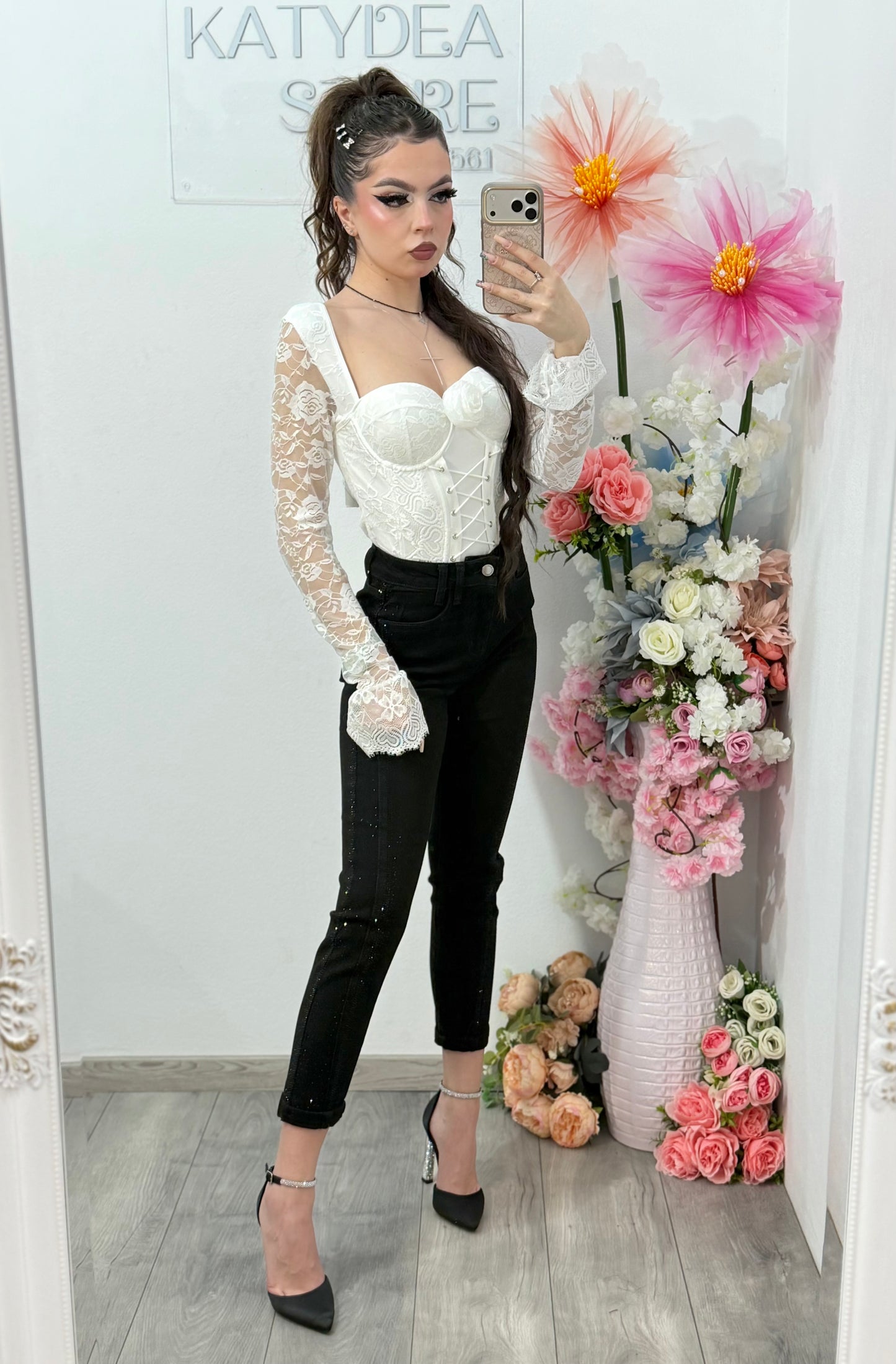 Blugi negri Momfit cu cristale negre 94098