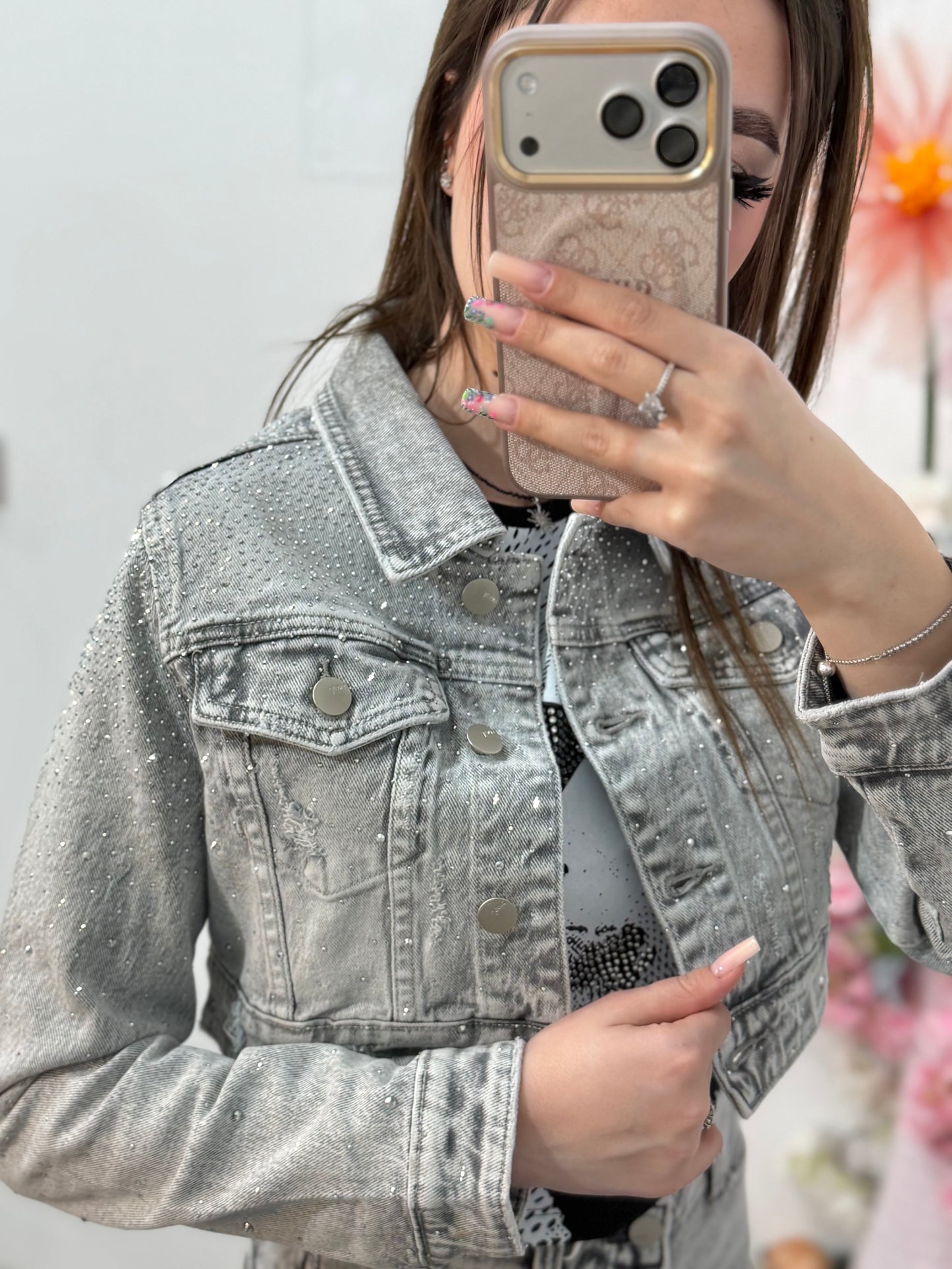 Geacă din denim cropped gri prespălat cu cristale ANNAIS