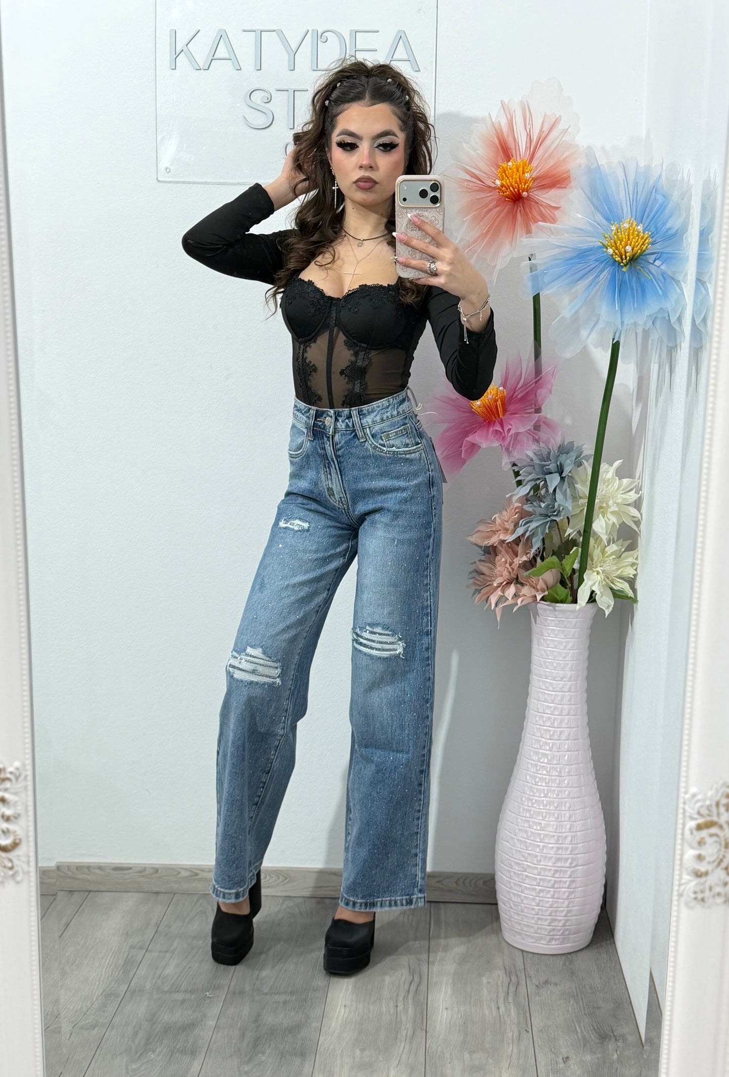 Jeans WideLeg cu cristale ștanțate ROSE