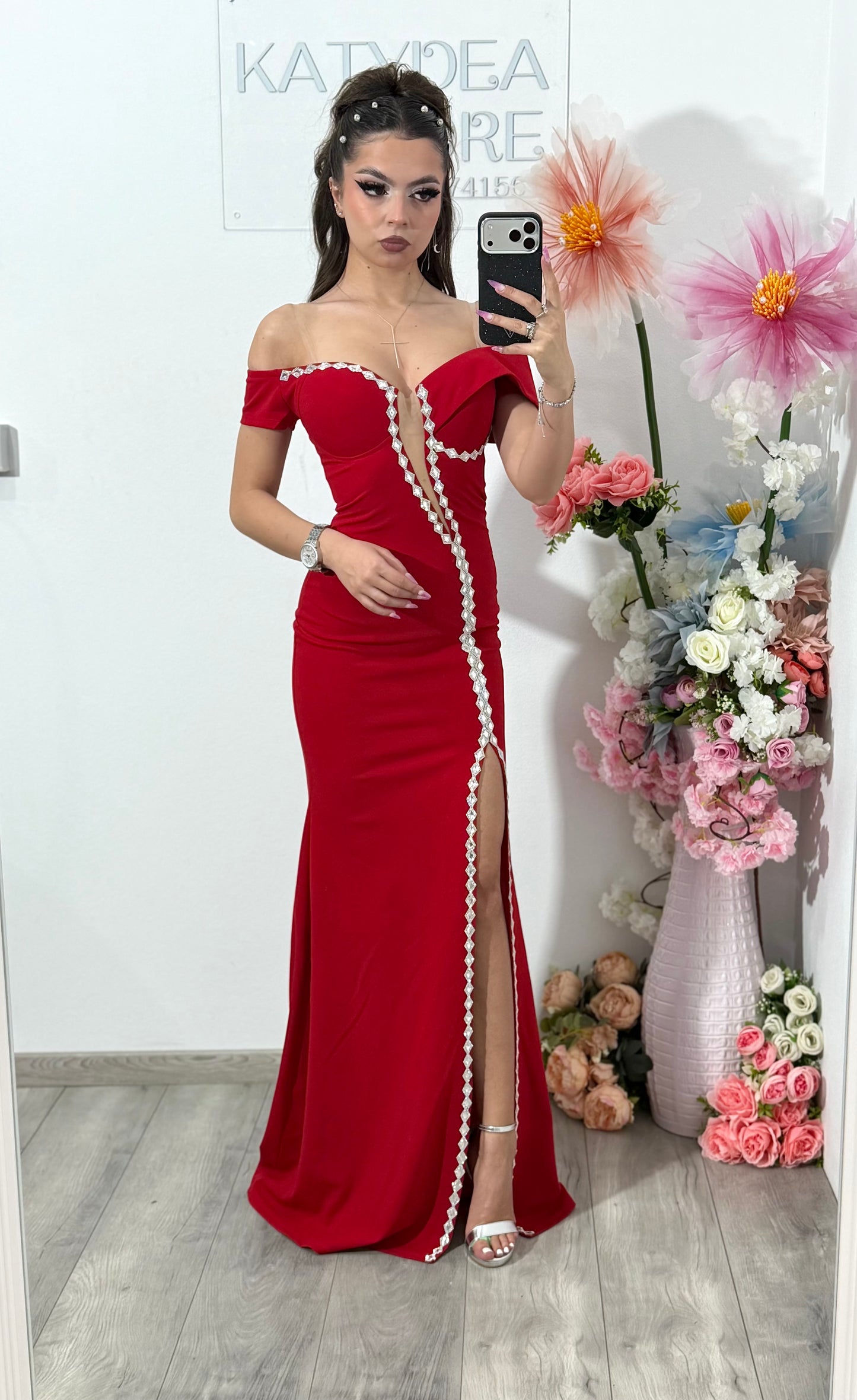 Rochie rosie lunga tip sirena Katherine