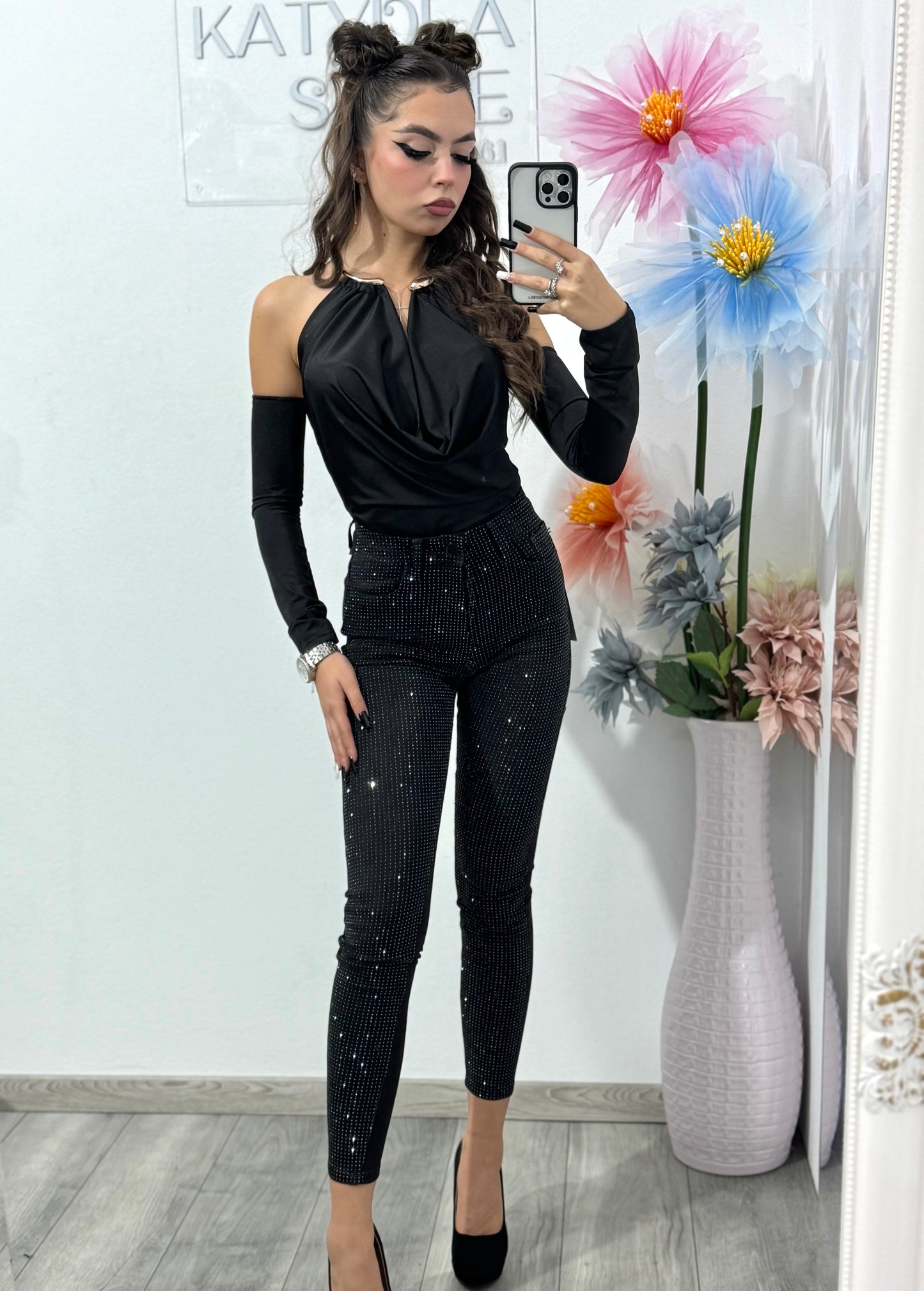 Jeans skinny negri cu cristale Wella