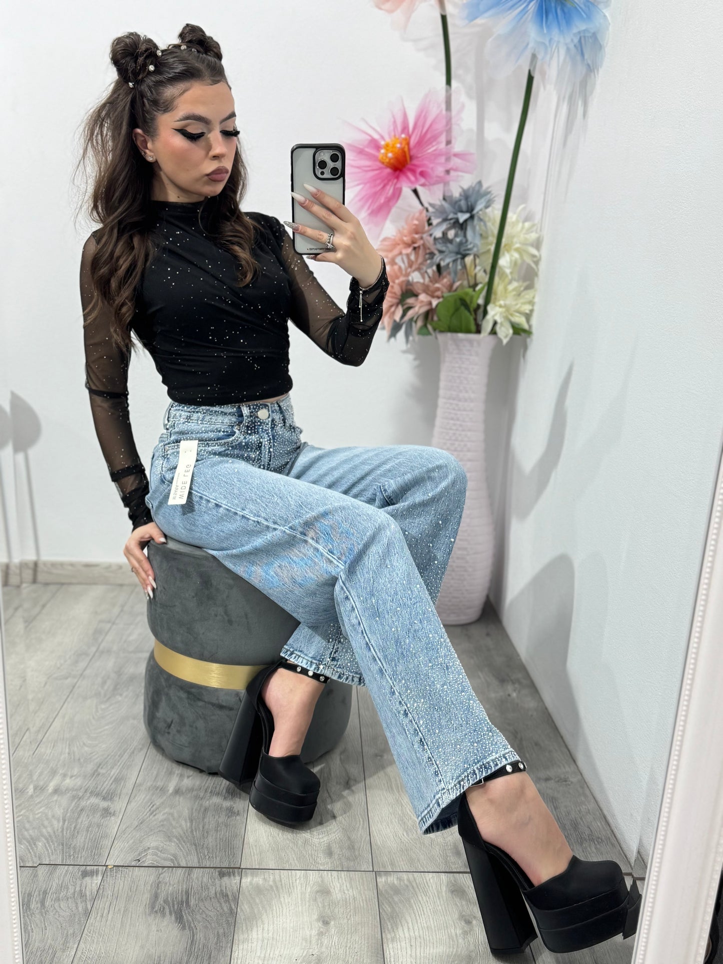 Jeans WideLeg albaștri cu cristale ELLENA