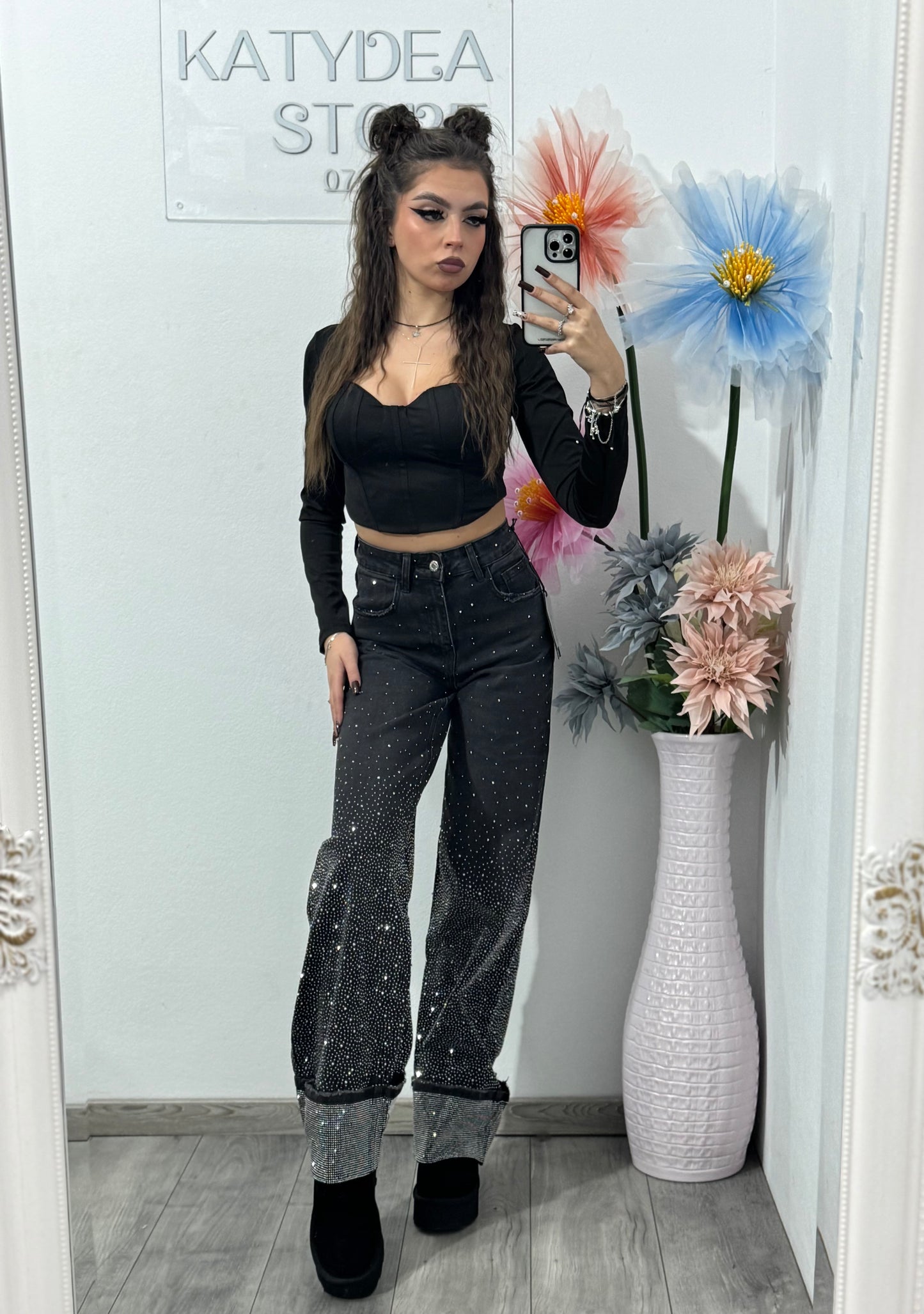 Jeans WideLeg cu cristale ștanțate negri Paulina