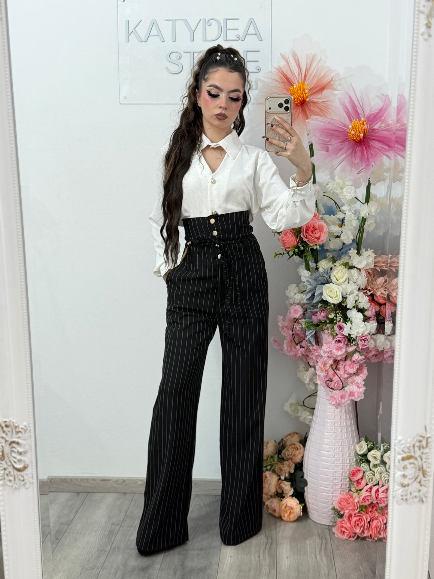 Pantaloni WideLeg cu dungi și talie înaltă negri NADIA