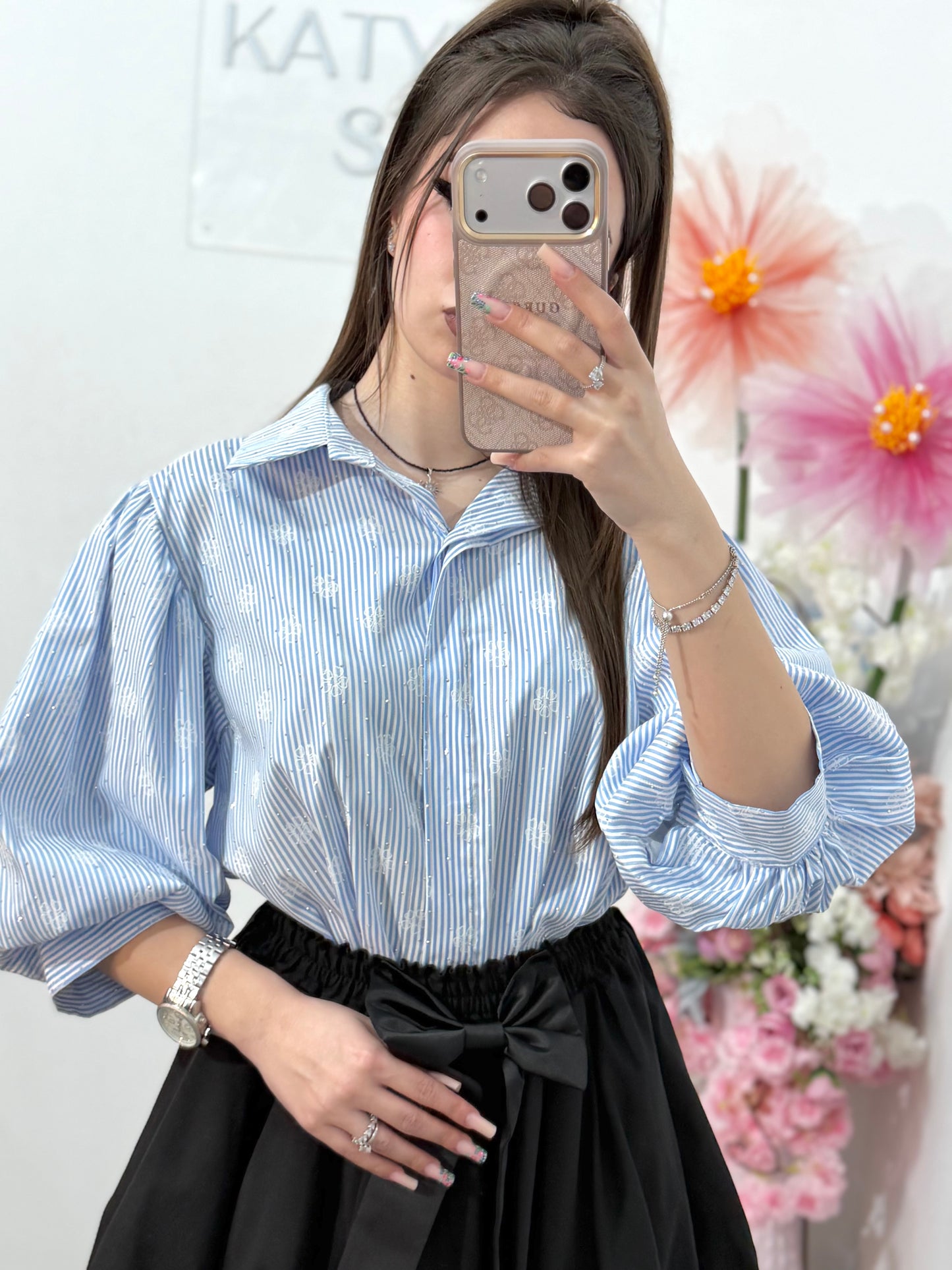 Cămașă delicată cu dungi și cristale ștanțate DELIA