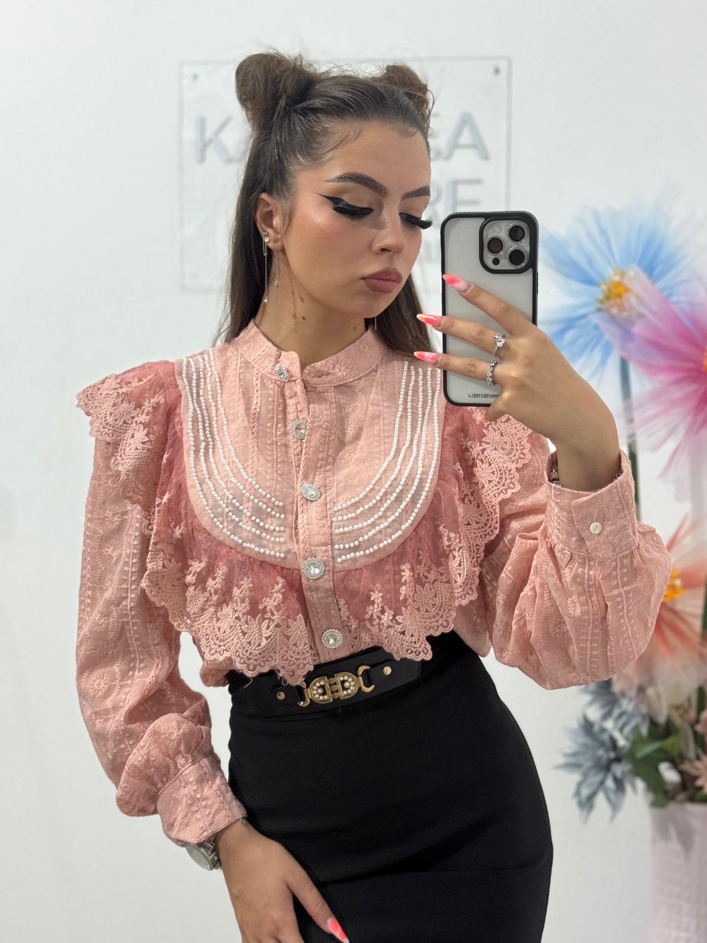 Cămașă cu dantelă și perle roz Elena