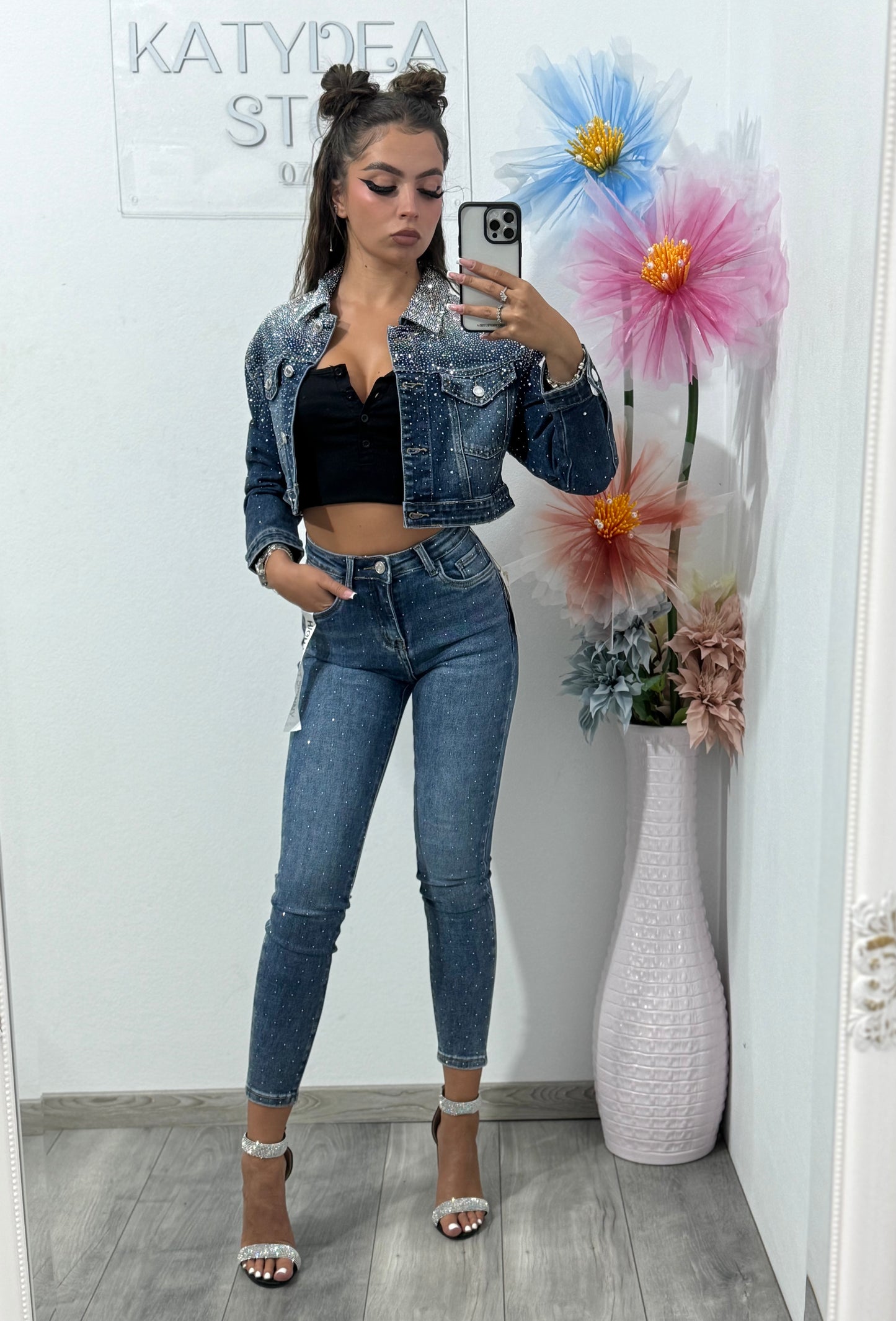 Jeans skinny albaștri cu cristale Clara