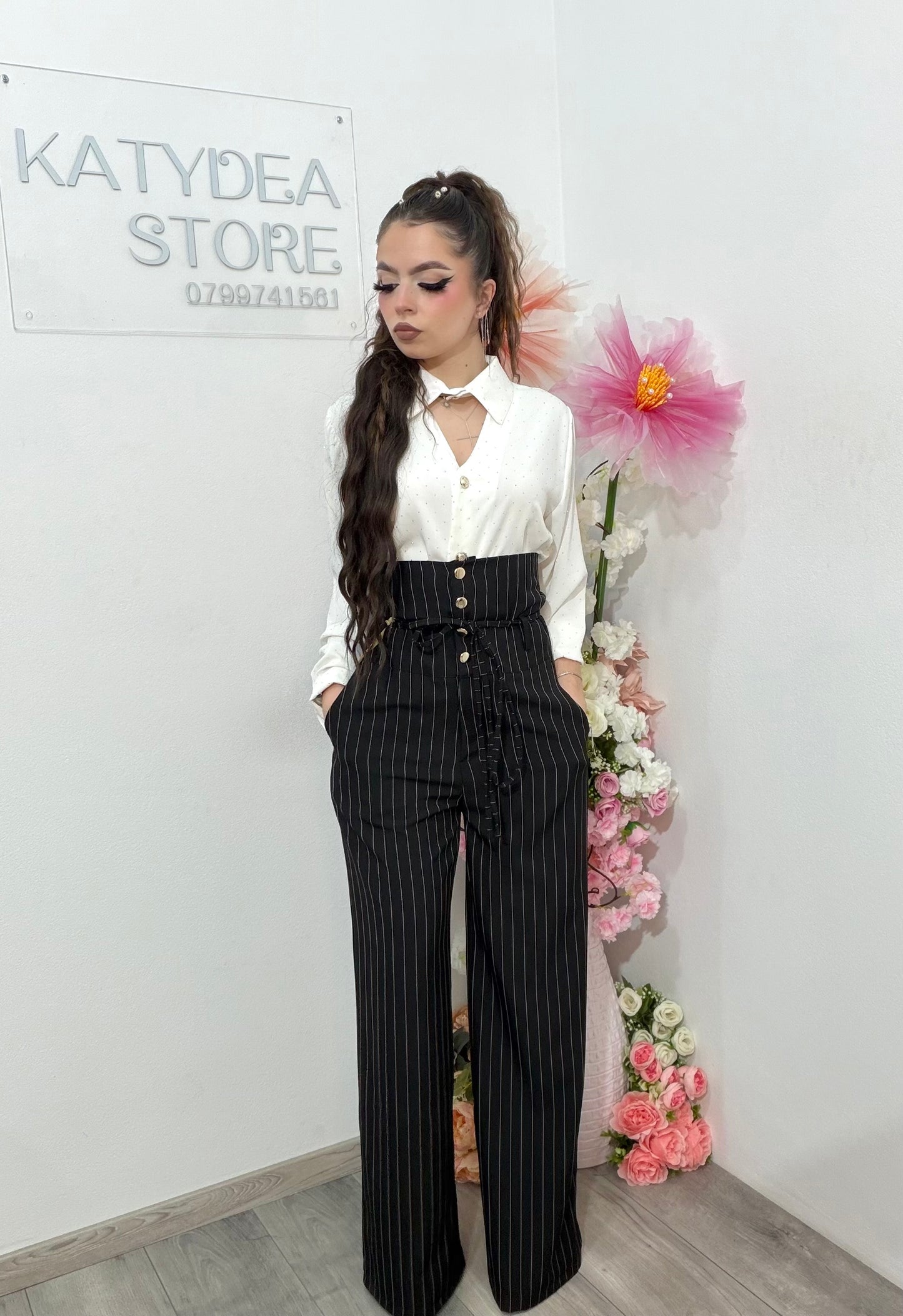 Pantaloni WideLeg cu dungi și talie înaltă negri NADIA