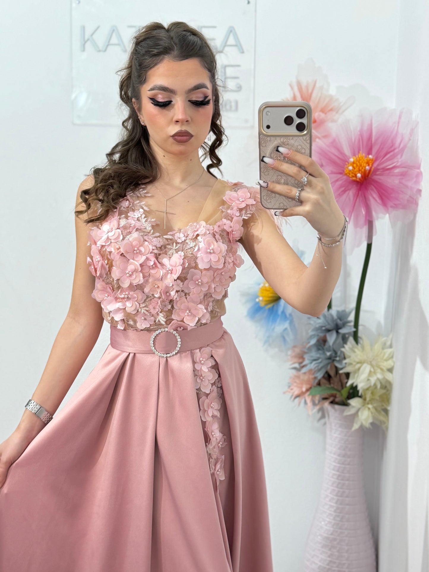 Rochie lunga din tafta roz Gabrielle