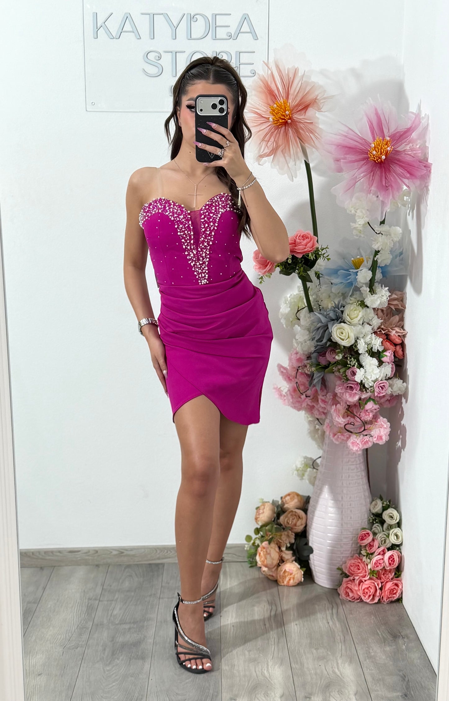Rochie elegantă fucsia cu perle DELICE