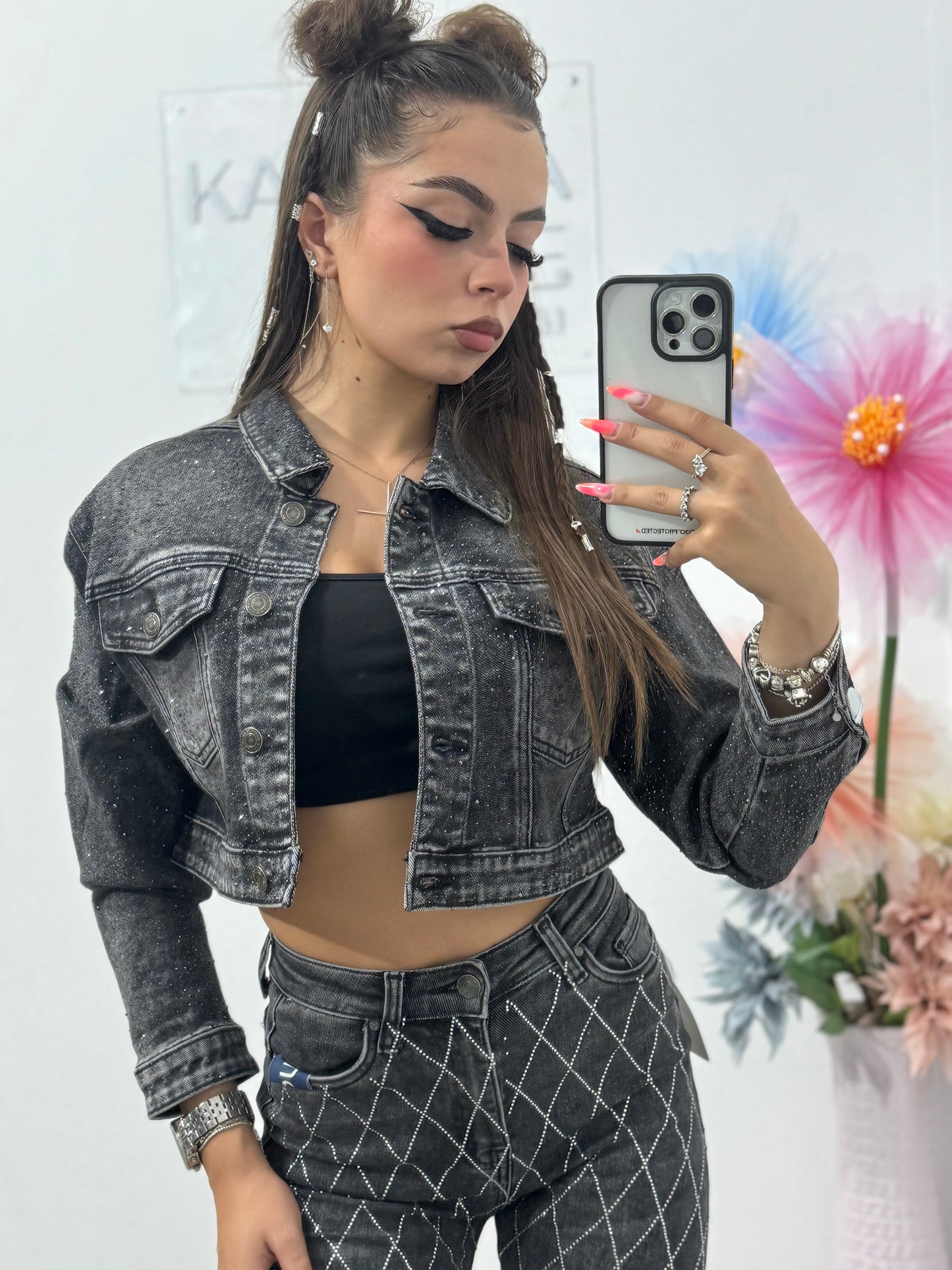 Geacă din denim cu cristale ștanțate grey Lorena