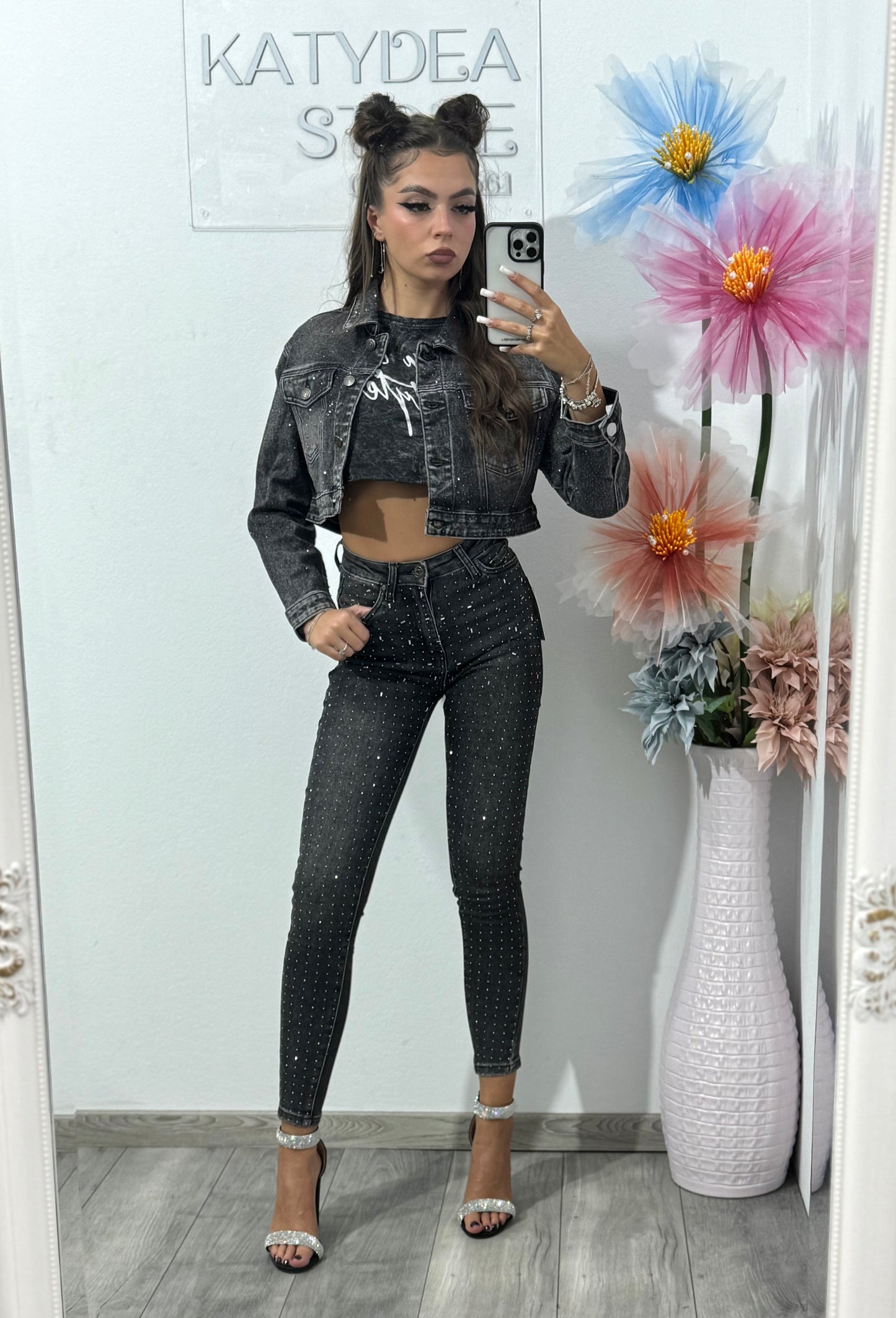 Jeans skinny cu cristale ștanțate gri Corina