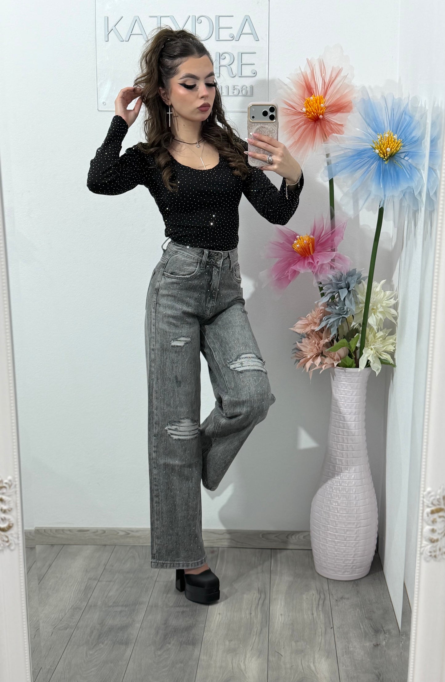 Jeans WideLeg cu cristale ștanțate  gri ROSE