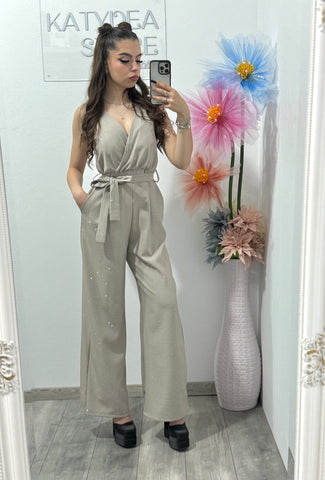 Salopetă elegantă cu cristale ștanțate bej Annabelle