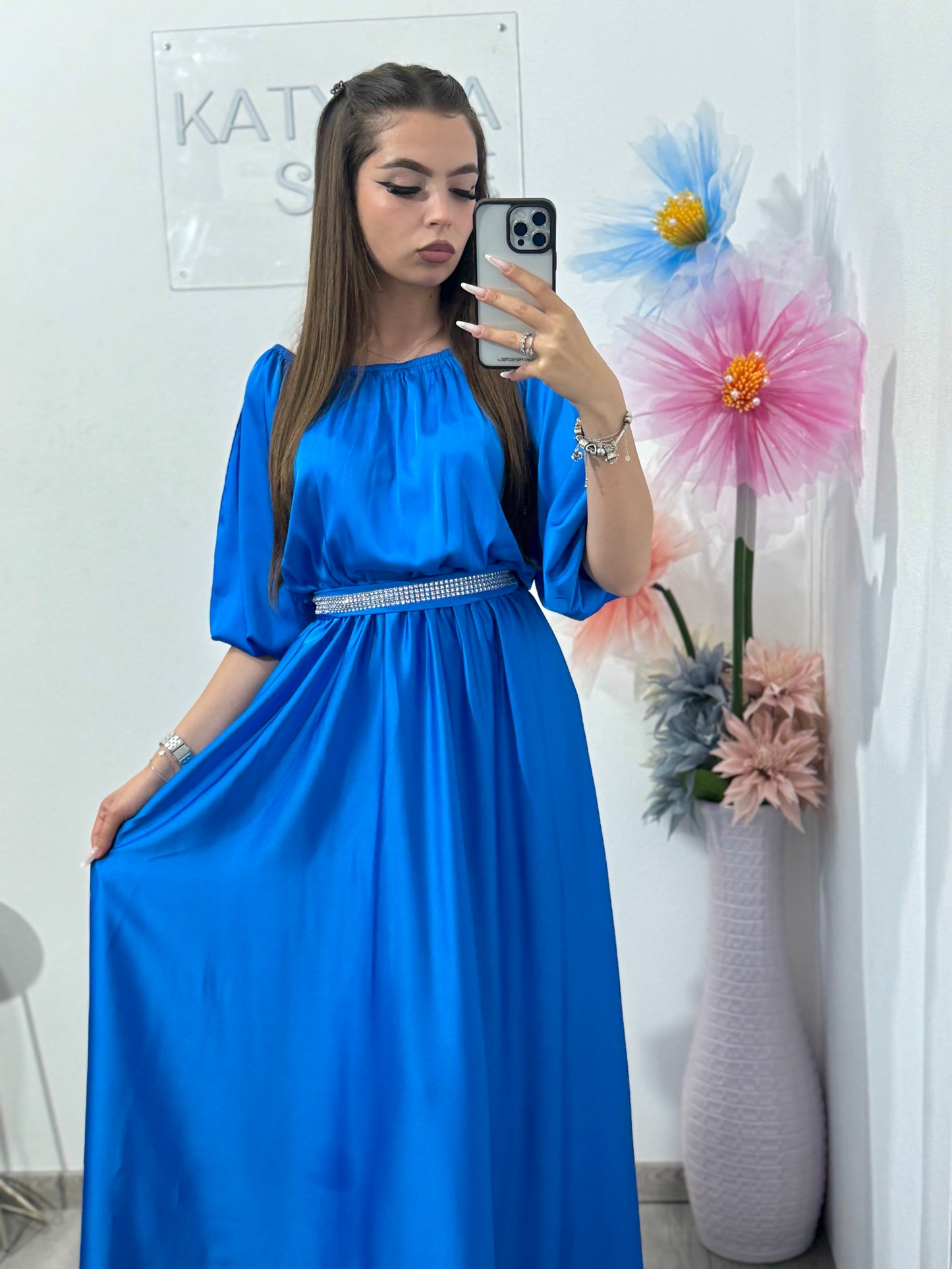 Rochie din satin albastră Anna
