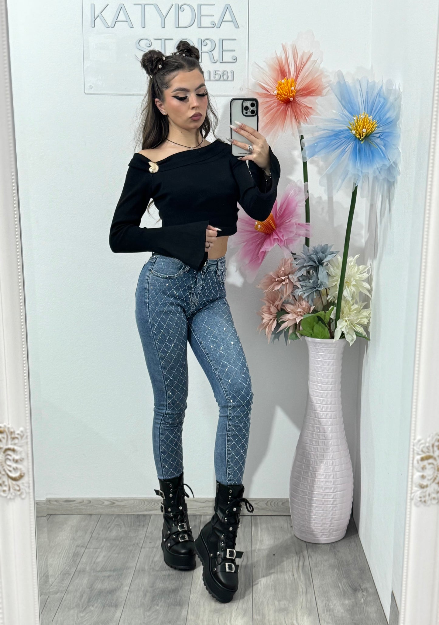 Jeans skinny albaștri cu cristale ștanțate DANY