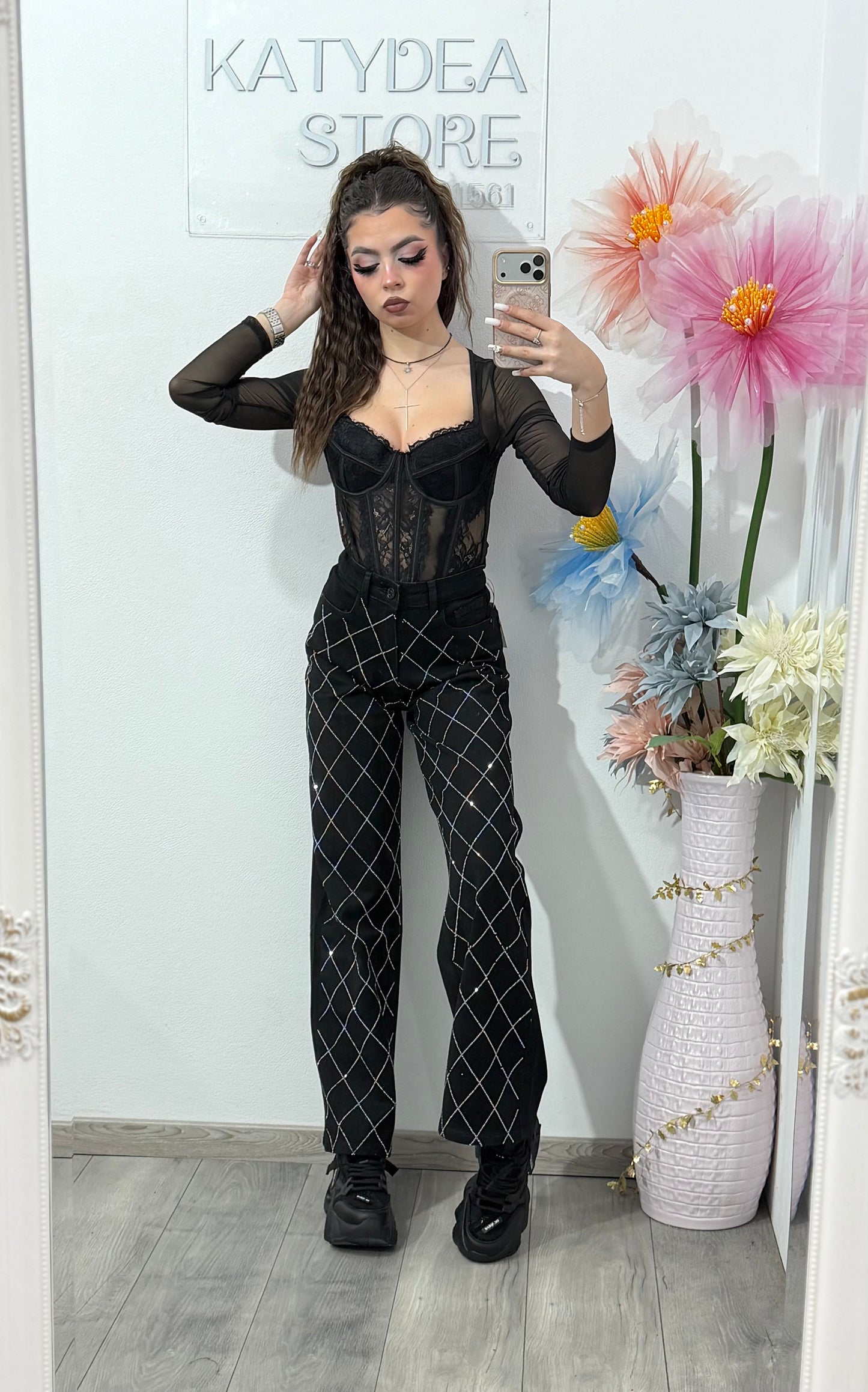 Jeans WideLeg cu cristale ștanțate negri ANAIS