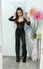 Jeans WideLeg cu cristale ștanțate negri ANAIS