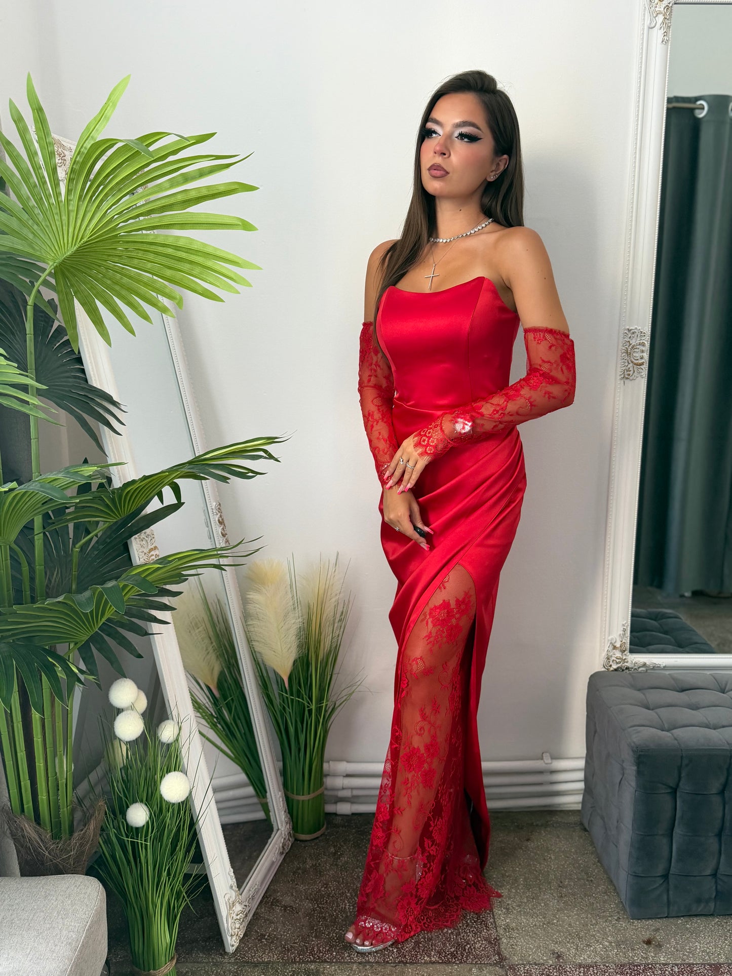 Rochie din tafta și dantelă roșie ELEGANCE