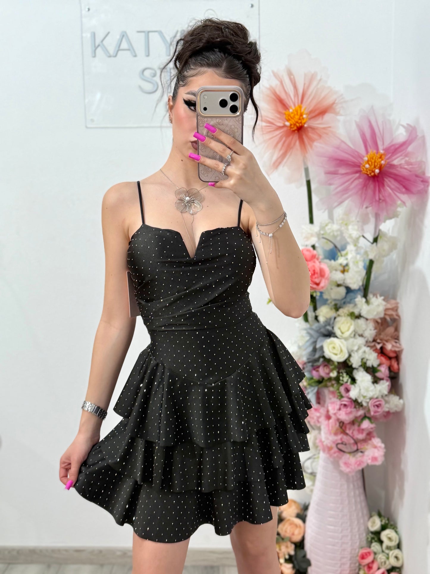 Rochie scurta neagra cu cristale ștanțate ZONIA