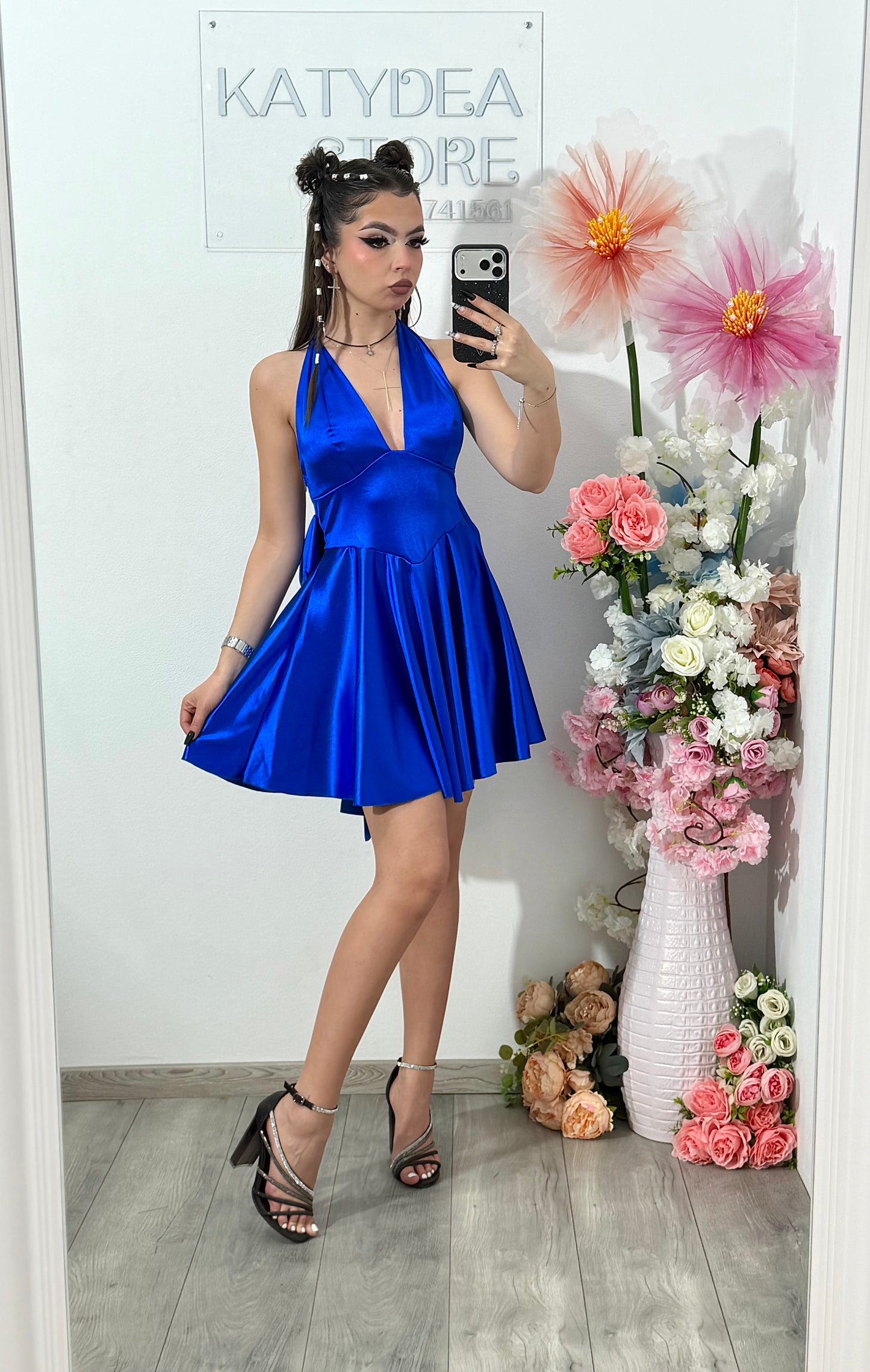 Rochie satinata cu funda BELLE albastru electric