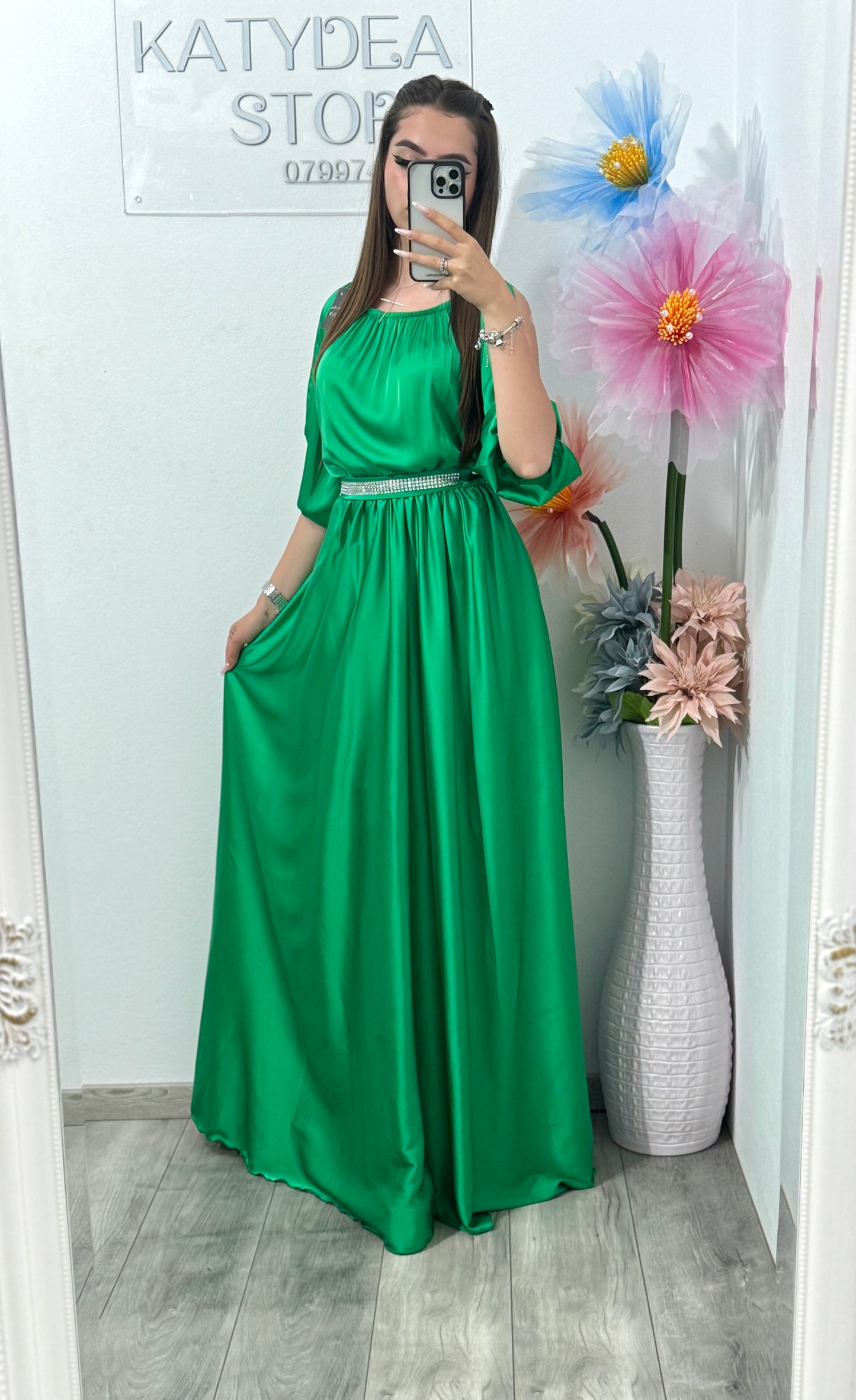 Rochie din satin verde Anna