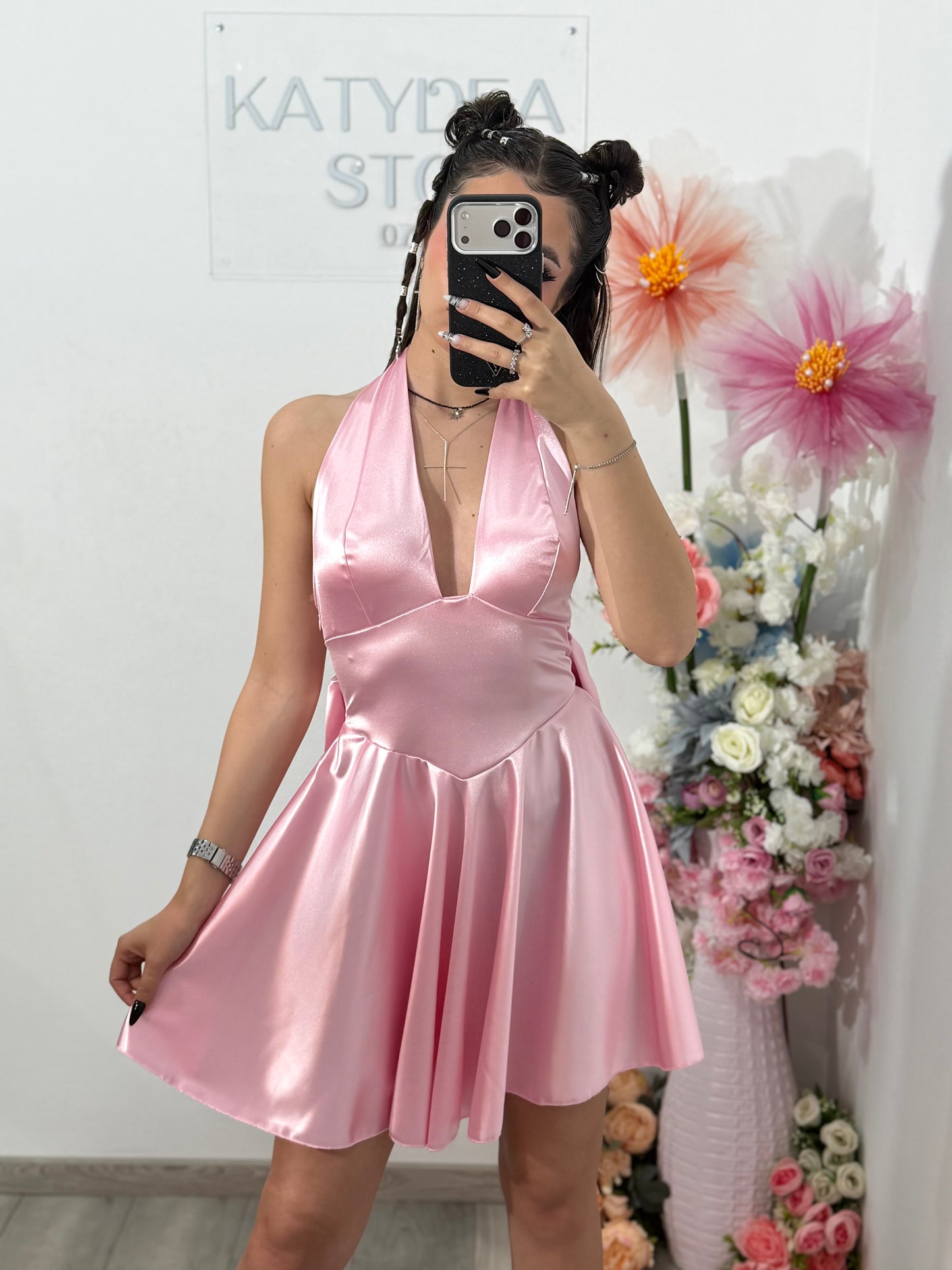 Rochie satinata cu funda BELLE roz pudra