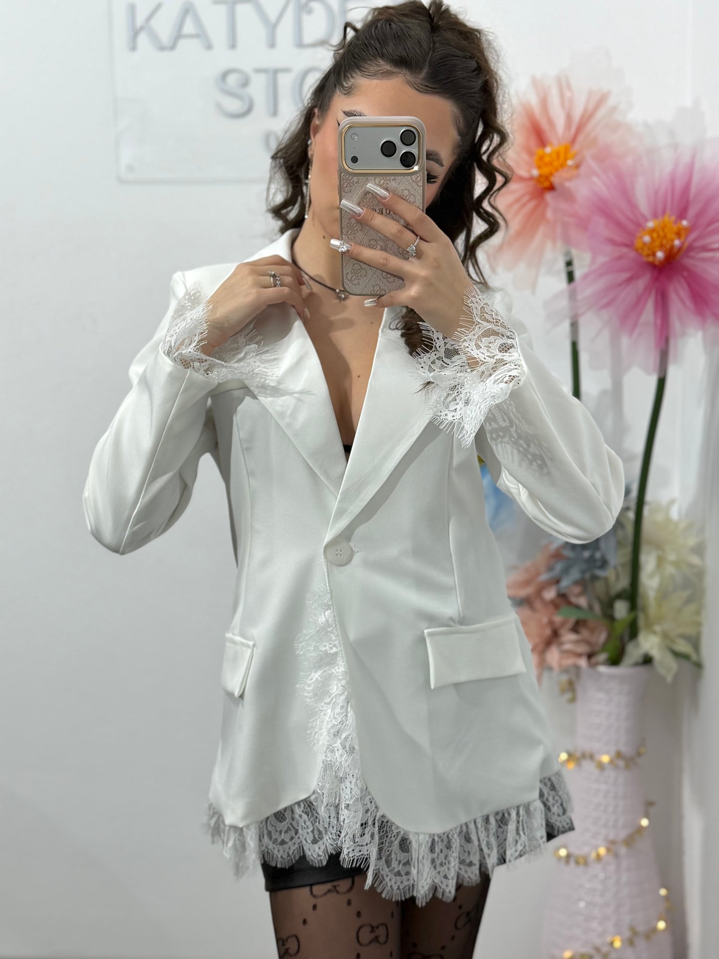 Sacou elegant cu dantelă alb HELENA