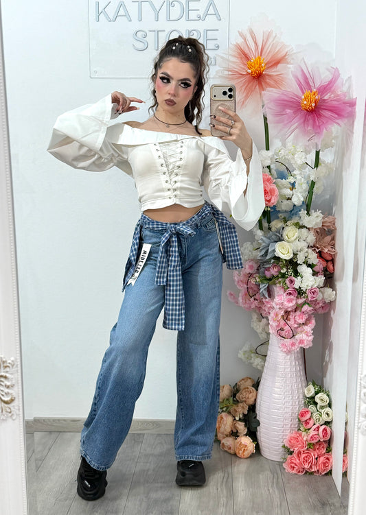 Jeans WideLeg albaștri cu cămașa în carouri detașabilă MONIK