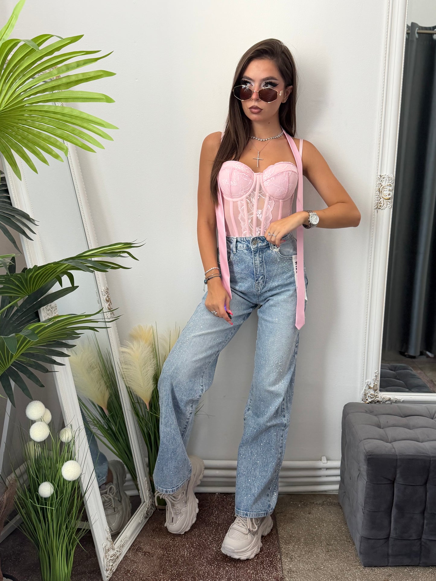 Jeans WideLeg blue cu cristale ștanțate CAMY
