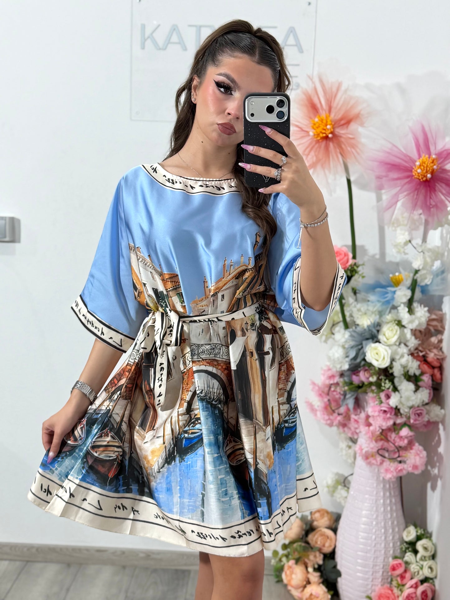Rochie satinata cu imprimeu bleu RAYSA