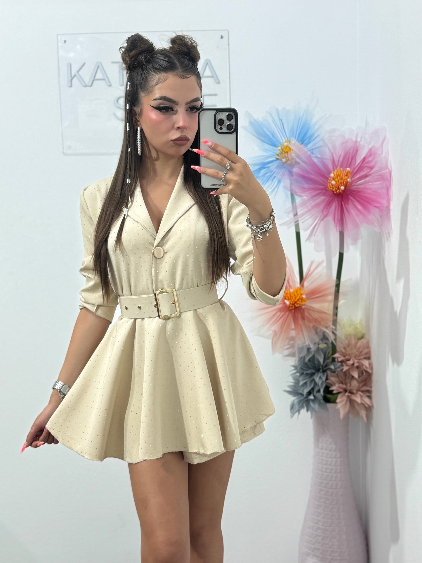 Salopetă full piatră beige Melania