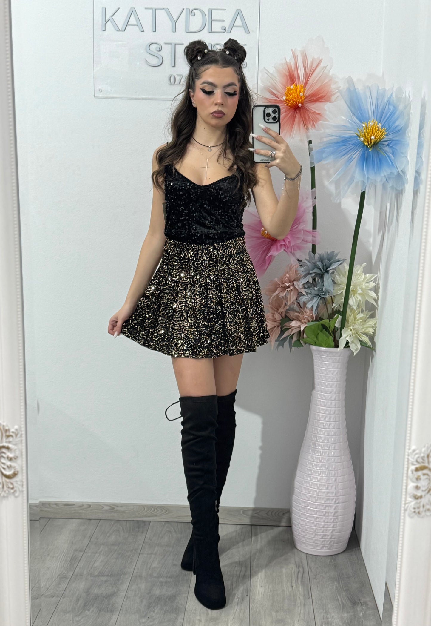 Fustă-pantalon plisată din paiete aurii DELIA