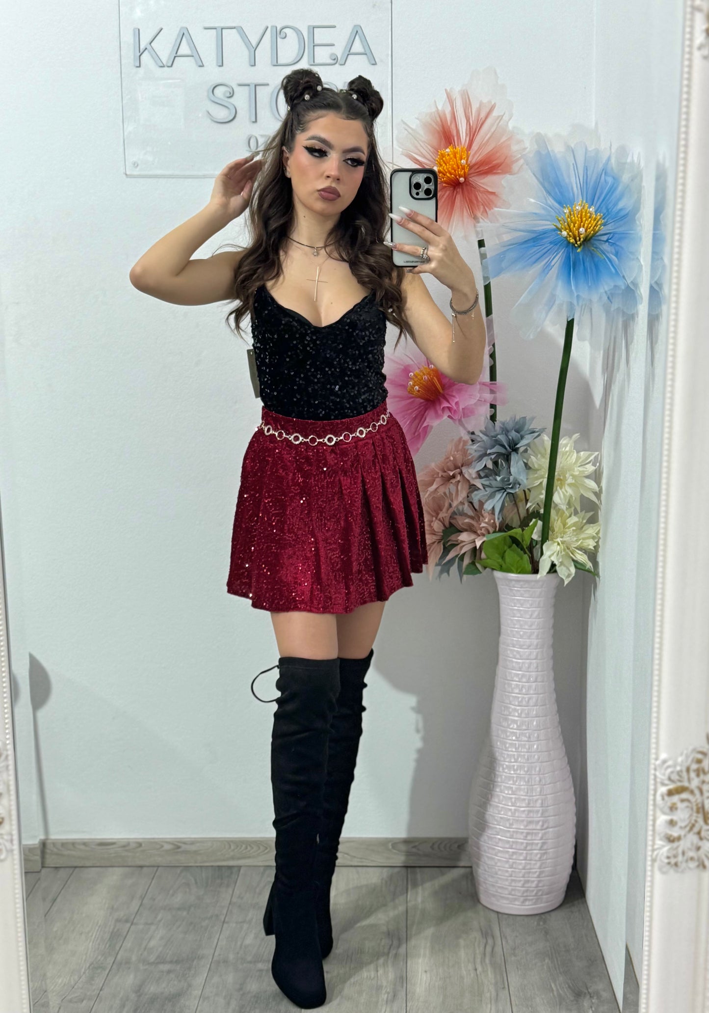 Fustă-pantalon plisată din paiete roșie DELIA