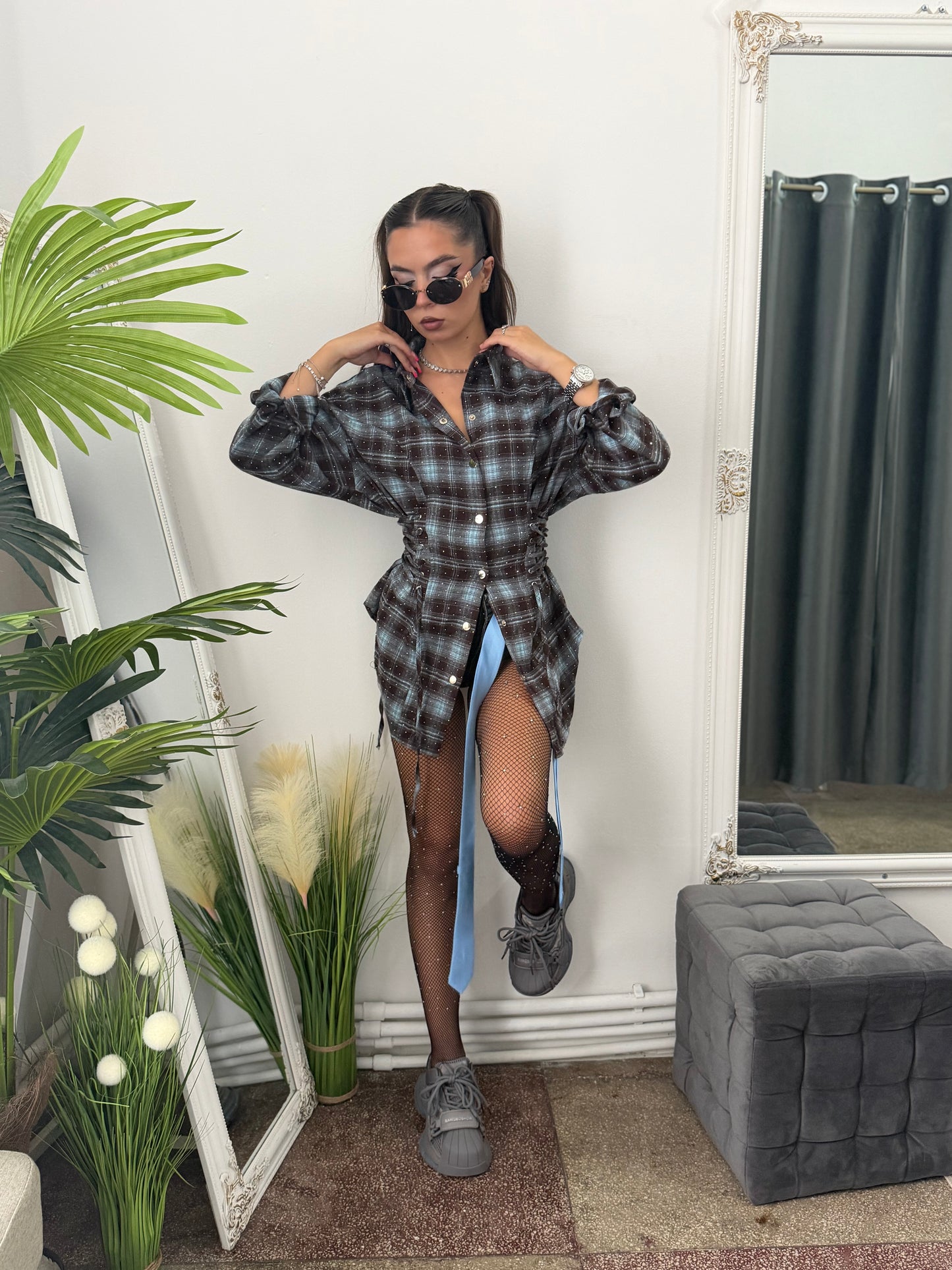 Cămașă cu corset și cristale ștanțate blue