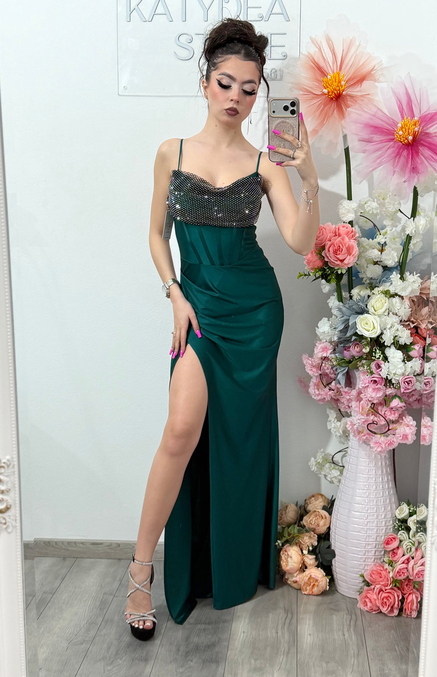 Rochie elegantă cu cristale verde smarald Katherine